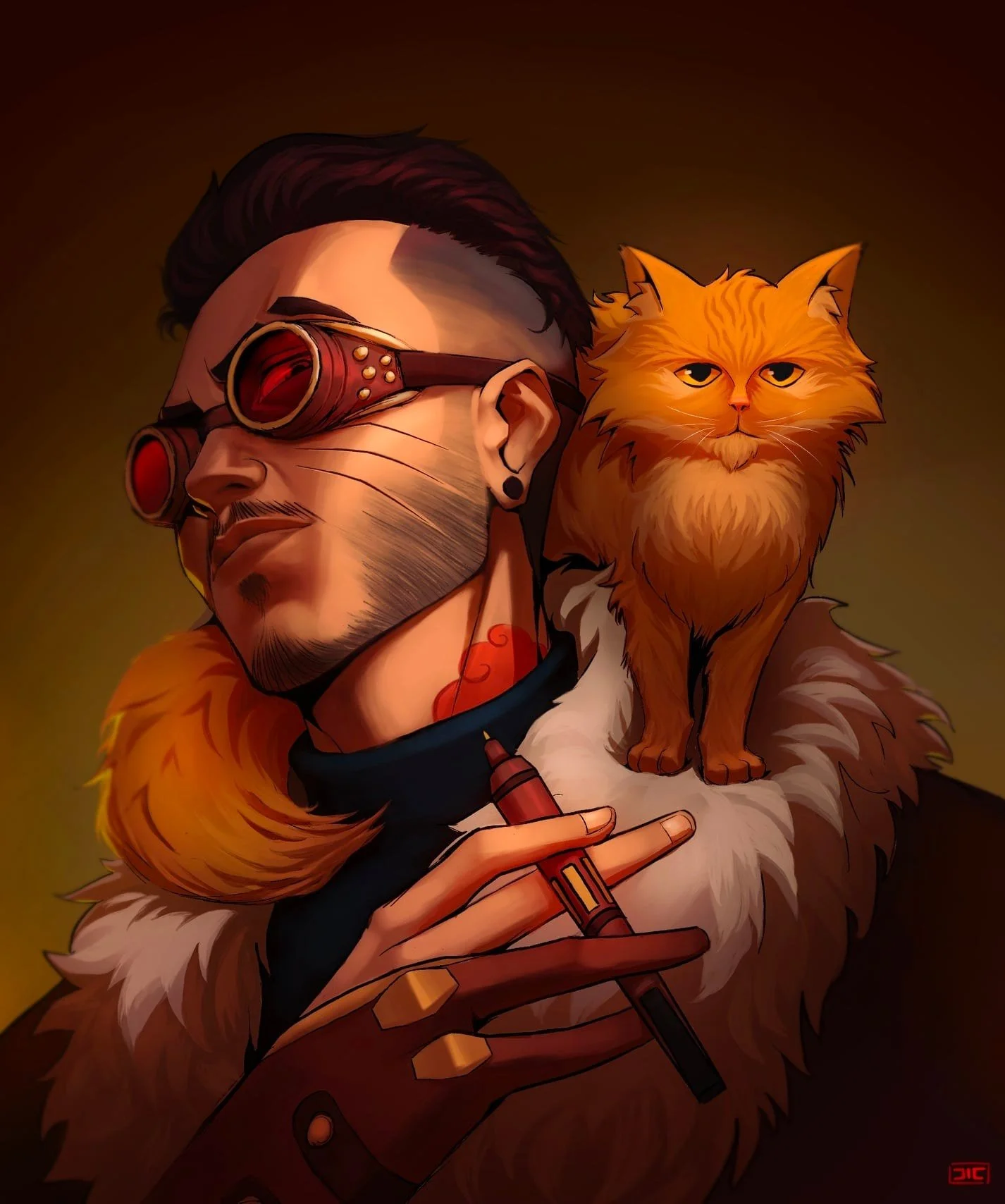 Digital illustration of a person with short dark hair, wearing red goggles, and a futuristic outfit, holding a cigarette with a ginger cat perched on their shoulder. The background is dark brown with a warm glow.