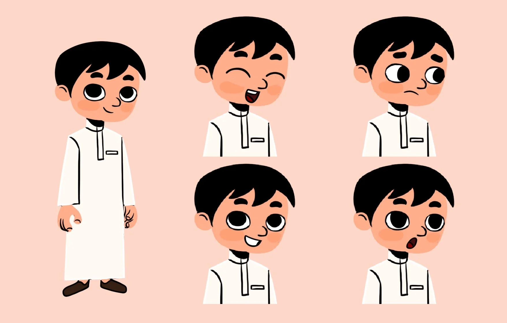 Anime-style illustration of a boy wearing a white traditional dress with black details, showing five different facial expressions against a pink background.