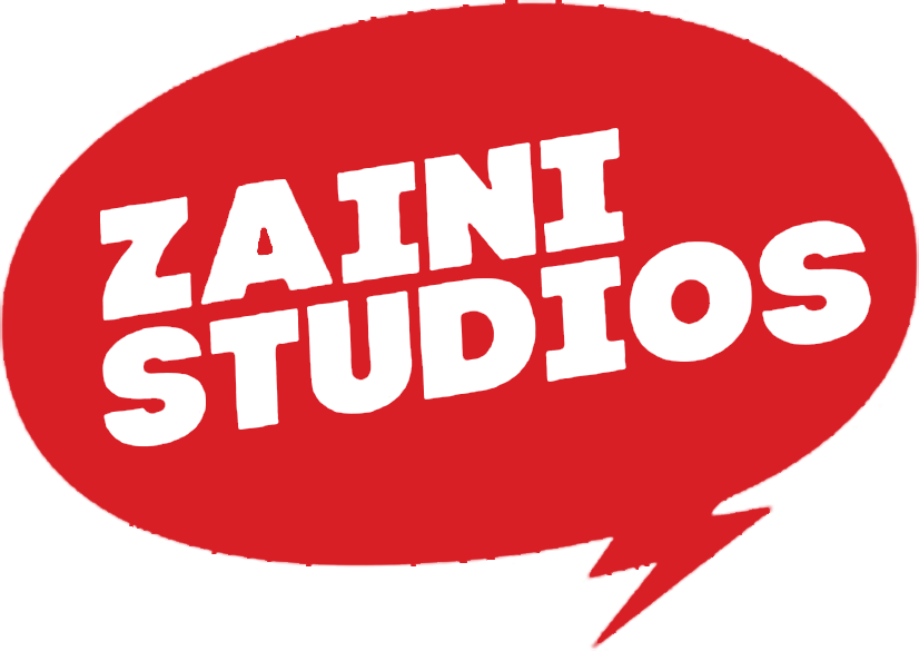 Red speech bubble with black text reading "Zaini Studios".