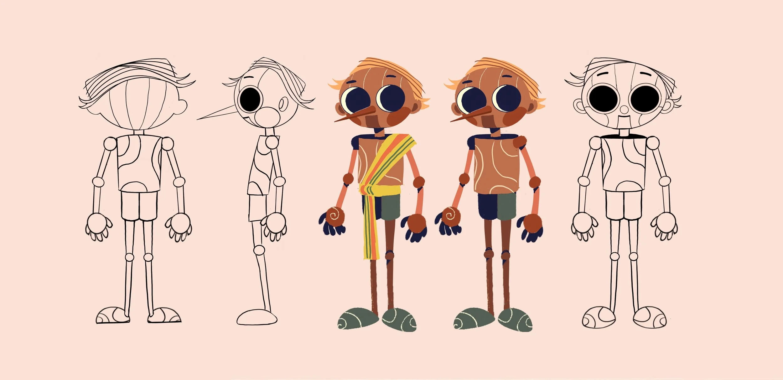 A comparison of cartoon characters: two on the left and right are uncolored sketches, and in the middle are colored versions dressed in traditional African attire with large eyes, tan skin, and short, light-colored hair.