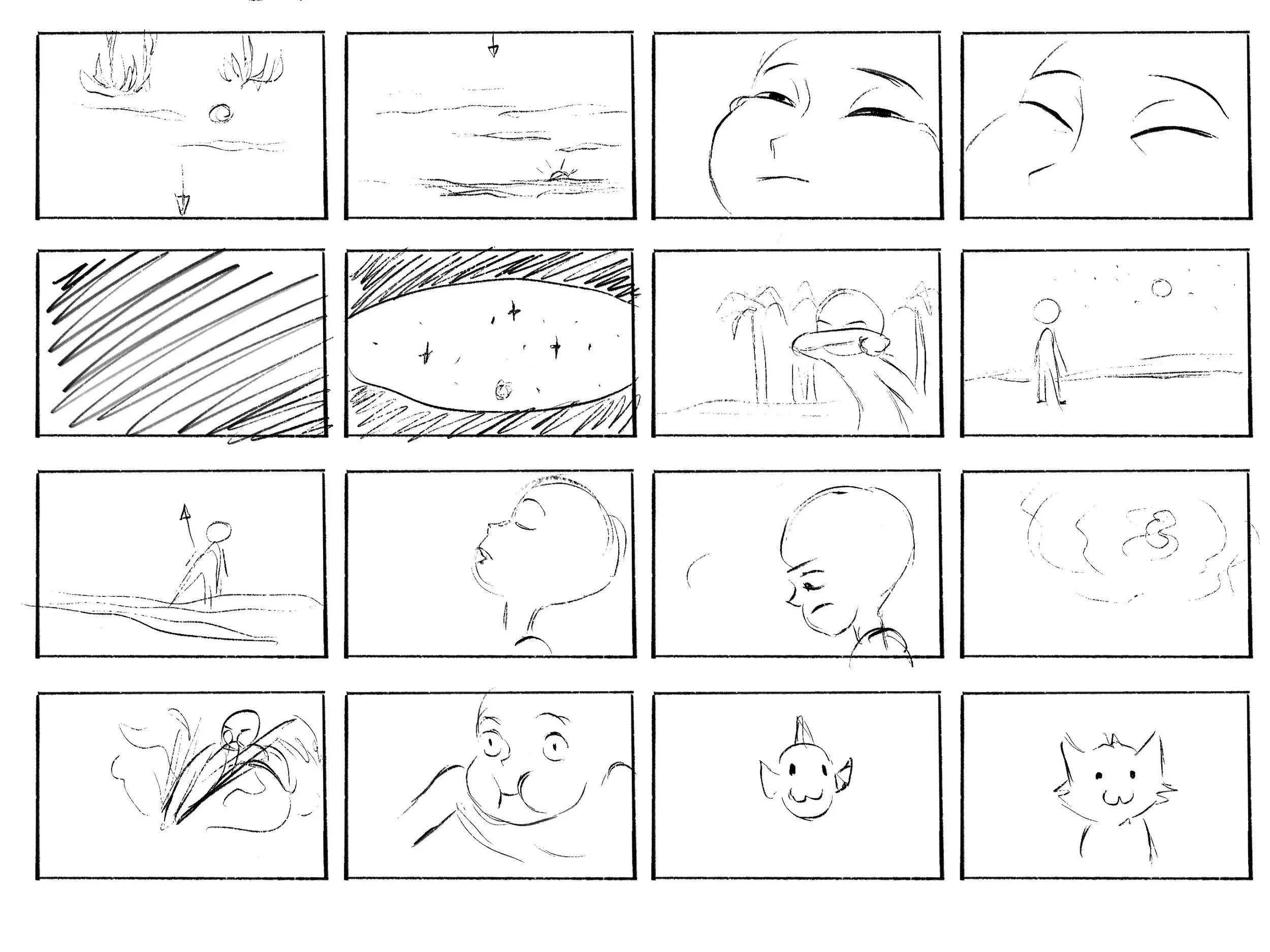 A sketch of a comic strip with various scenes, including a sunset or sunrise over the ocean, a person in nature, a close-up of a face with closed eyes, a person standing in a landscape, and a smiling face with distinct features.