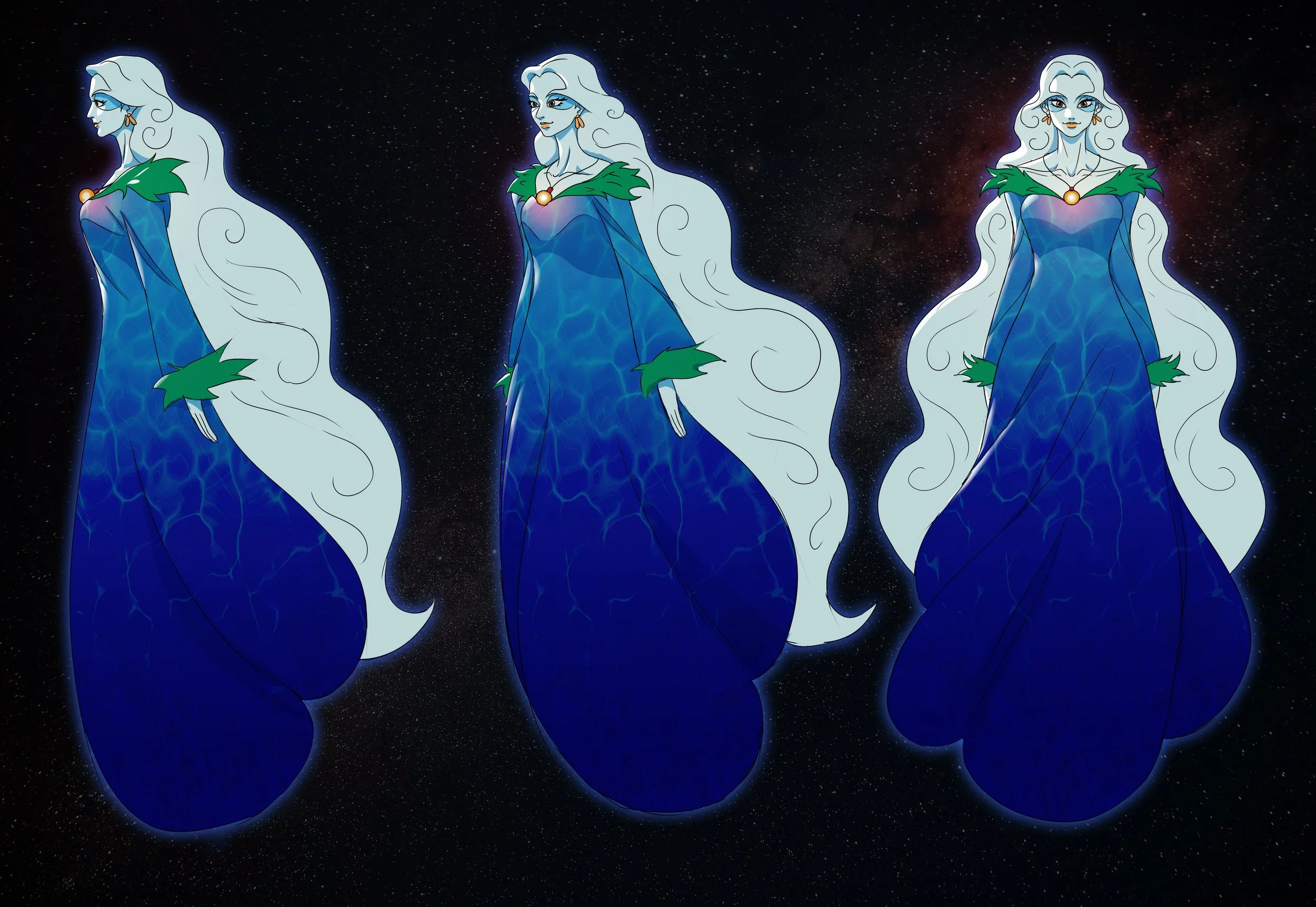 Graphic illustration of three identical women with long white hair, wearing blue dresses with a wave pattern, green leaf-like accessories and golden earrings, set against a starry space background.