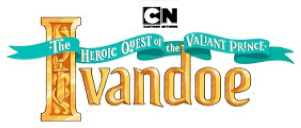 Logo of 'The Heroic Quest of the Vandoe,' featuring stylized text with a blue banner, a black and white cartoon-style 'CN' logo, and decorative elements.