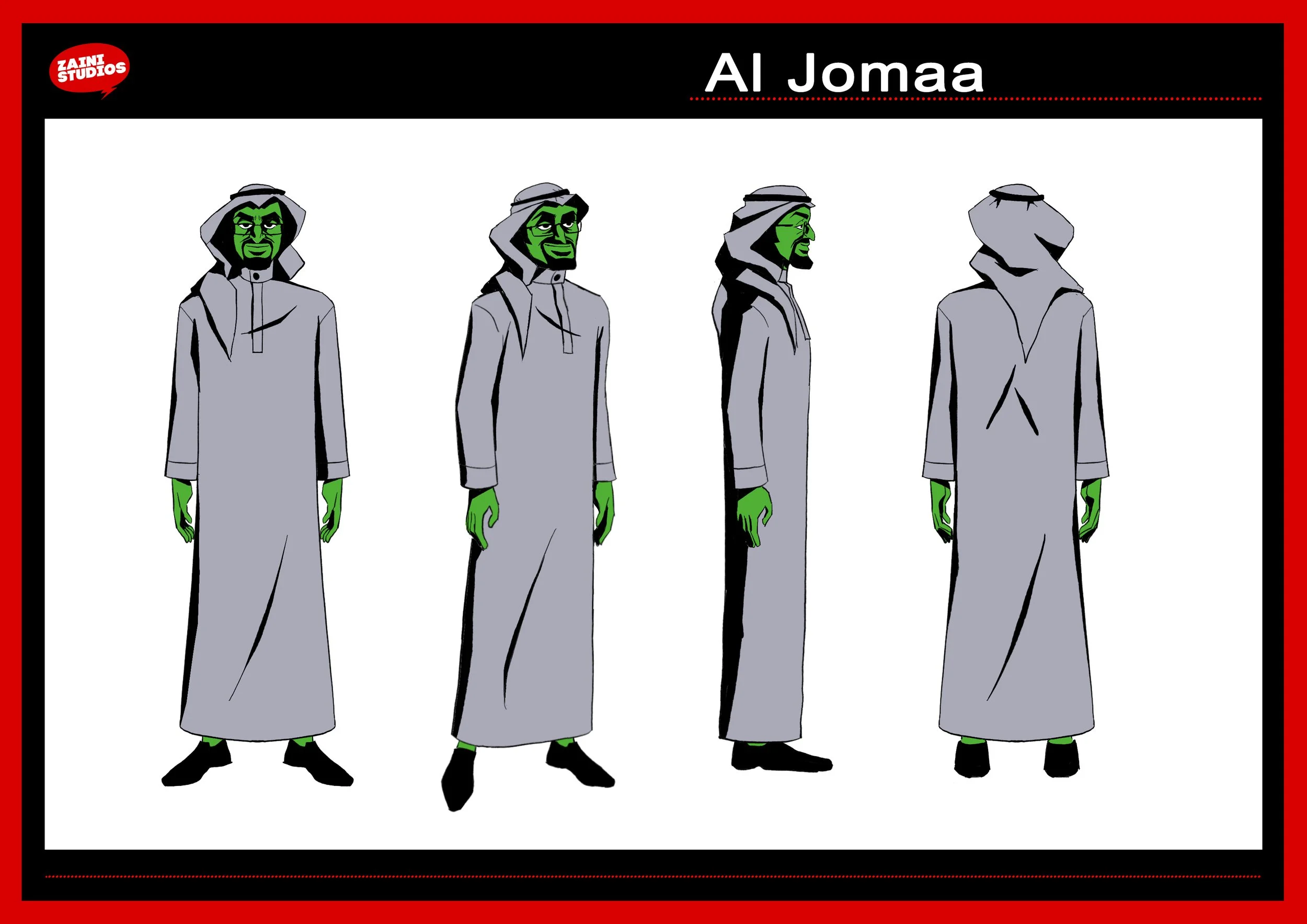 A digital illustration showing four side profiles of a man wearing traditional Middle Eastern attire, including a long gray thobe and a gray keffiyeh head covering. The man has green skin and a beard. The background is white, and the top left corner 