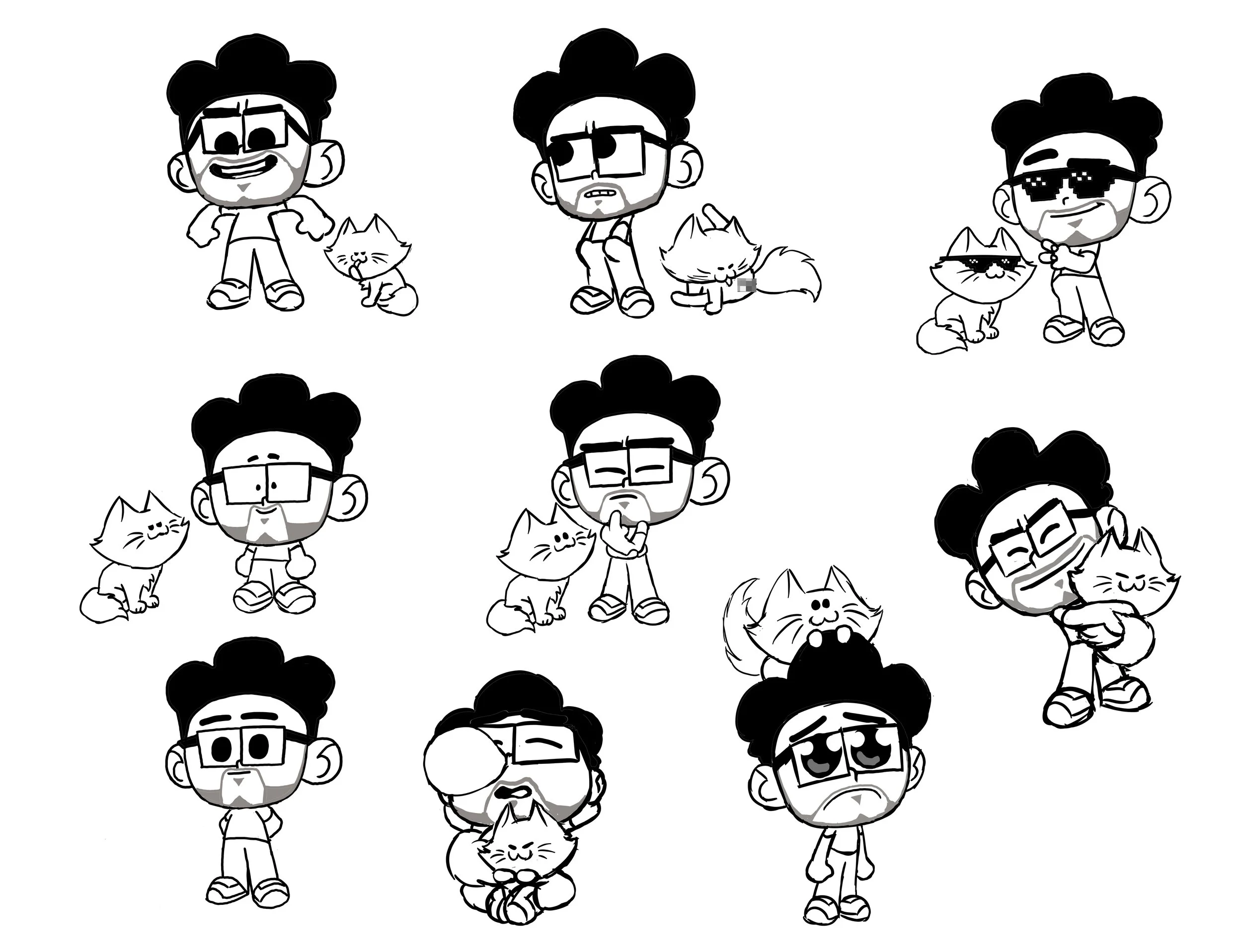 Pattern of cartoon characters with glasses, beards, amiable expressions, and cats, in black and white, standing and sitting.