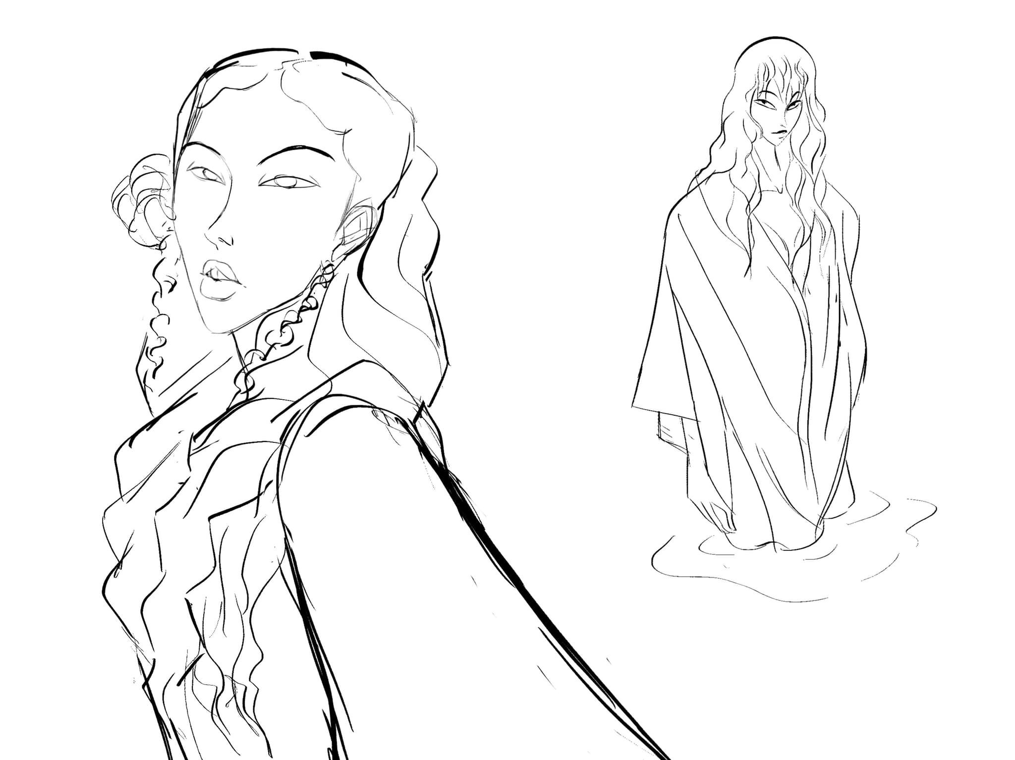 A black and white sketch of two women, one with wavy hair and the other with curly hair, wearing clothing and standing on a reflective surface.