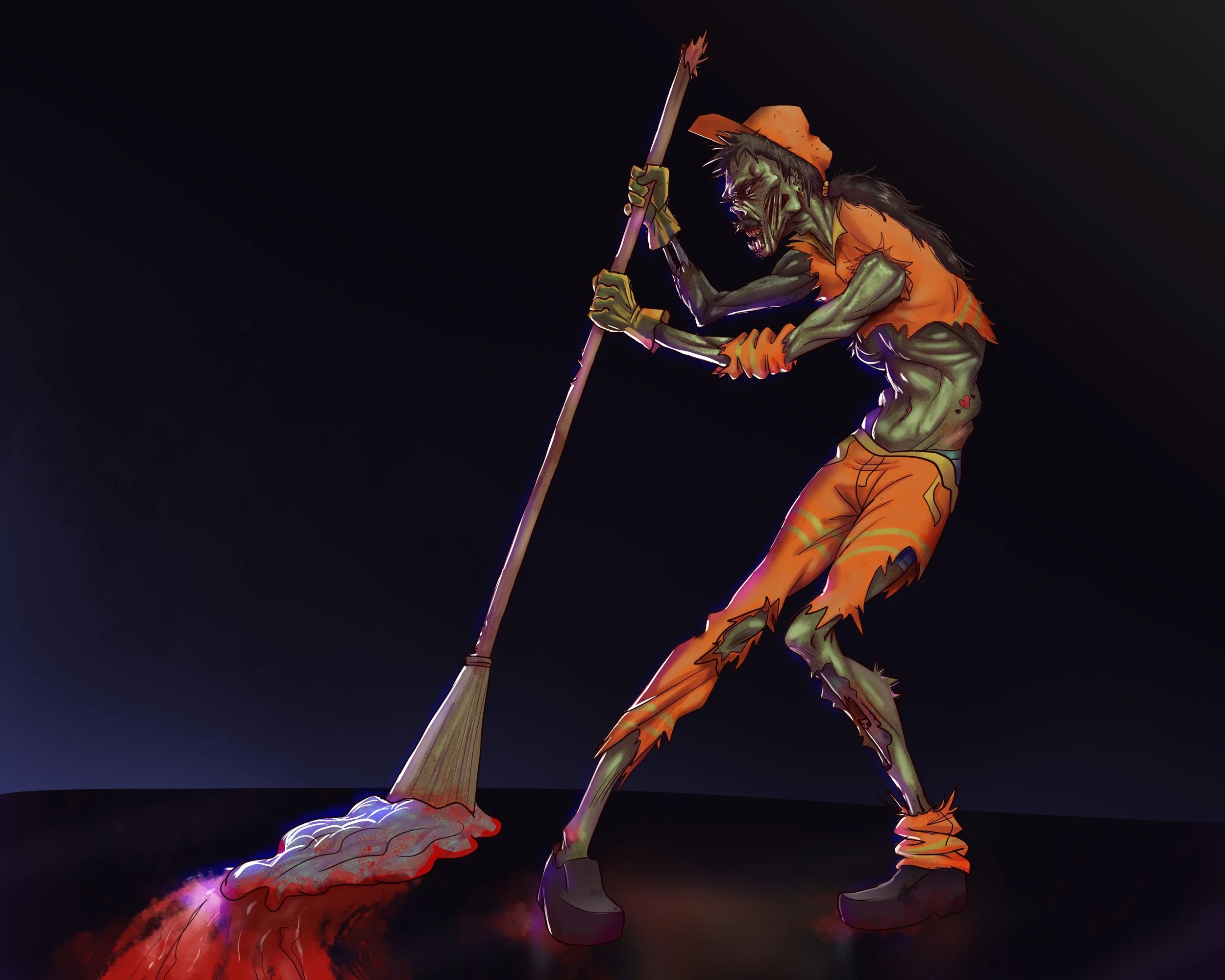 Animated zombie character with green skin, tattered orange clothes, holding a makeshift spear, standing on a battlefield with a dark background.