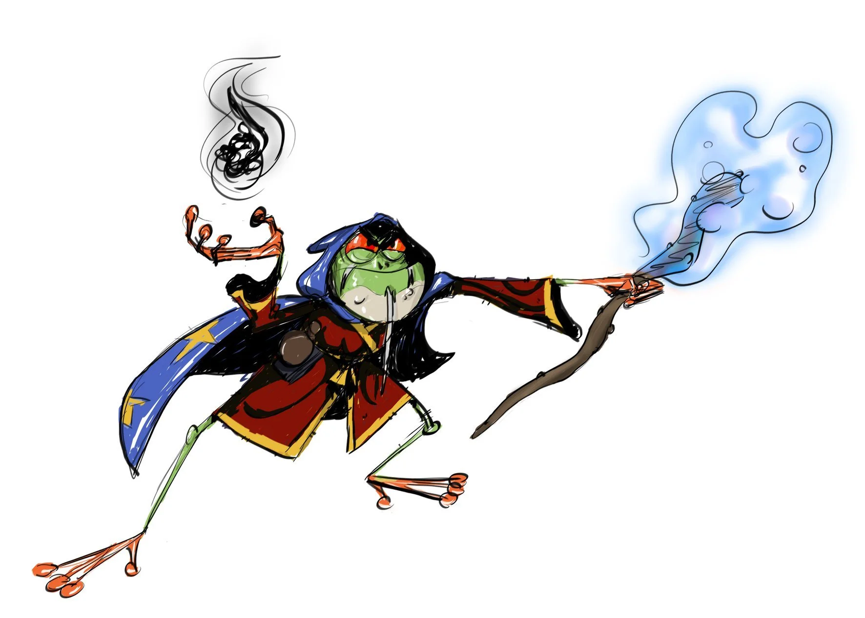 A cartoon illustration of a wizard frog with green skin, wearing a blue cape with yellow stars, red outfit, and black hat. The frog is holding a wooden staff with blue magical smoke emanating from it and has a pensive expression.
