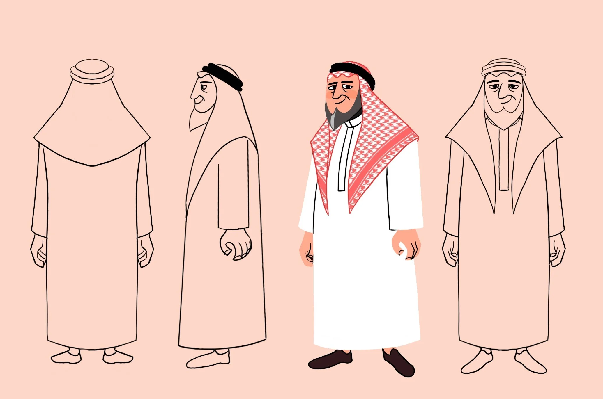 A digital illustration showing five men wearing traditional Middle Eastern clothing, with the middle man fully colored and dressed, while the other four are outlined in black and not filled in.