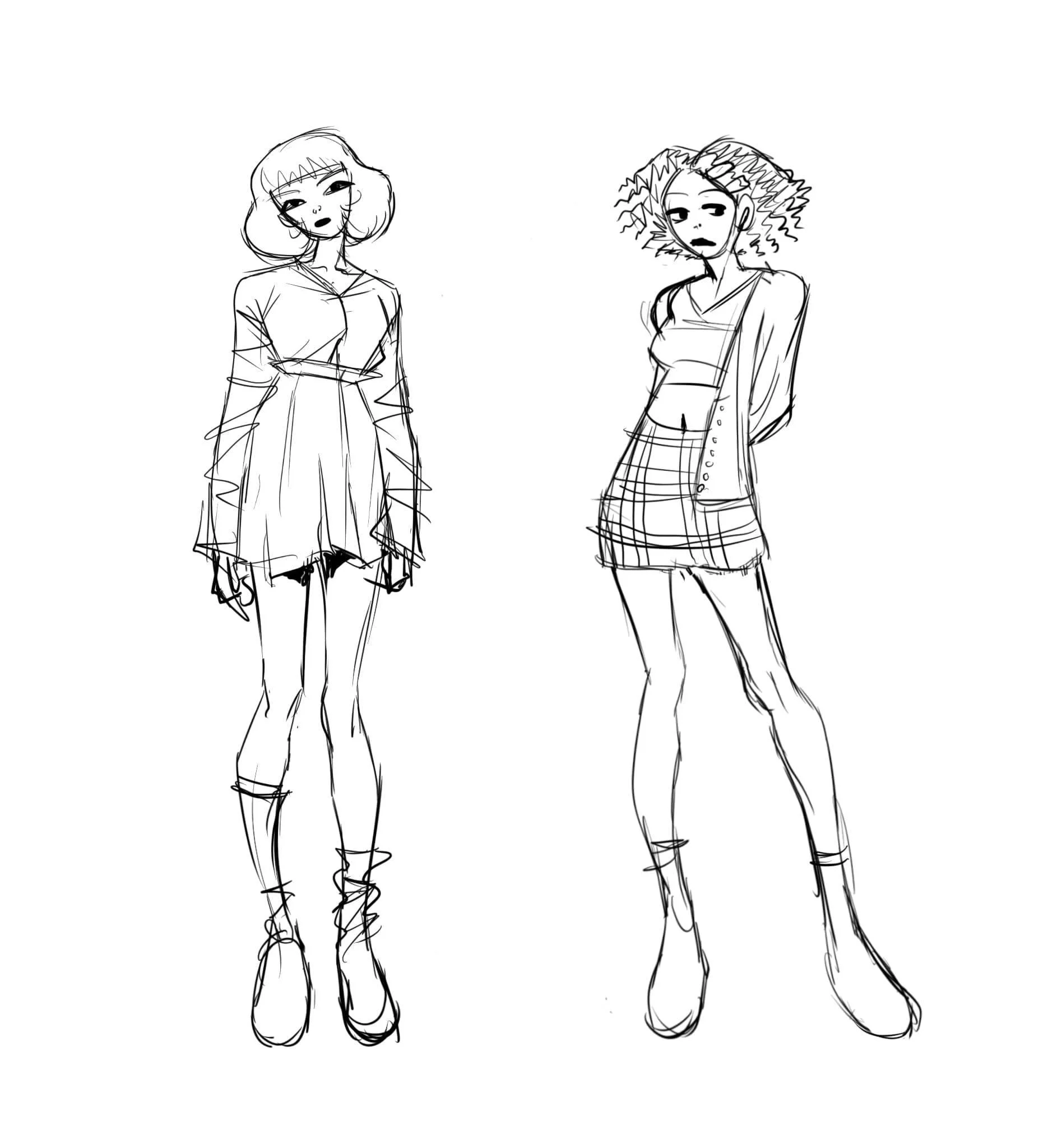 Sketch of two young women standing side by side, each with distinctive hairstyles and outfits, both with confident poses.