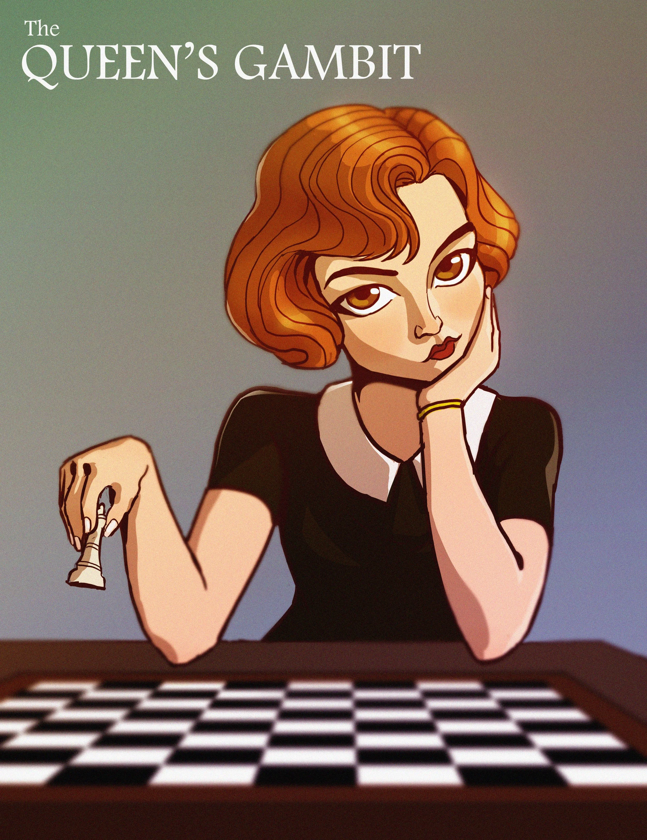 Illustration of a woman with red hair and brown eyes, resting her chin on her hand, sitting at a checkered table.