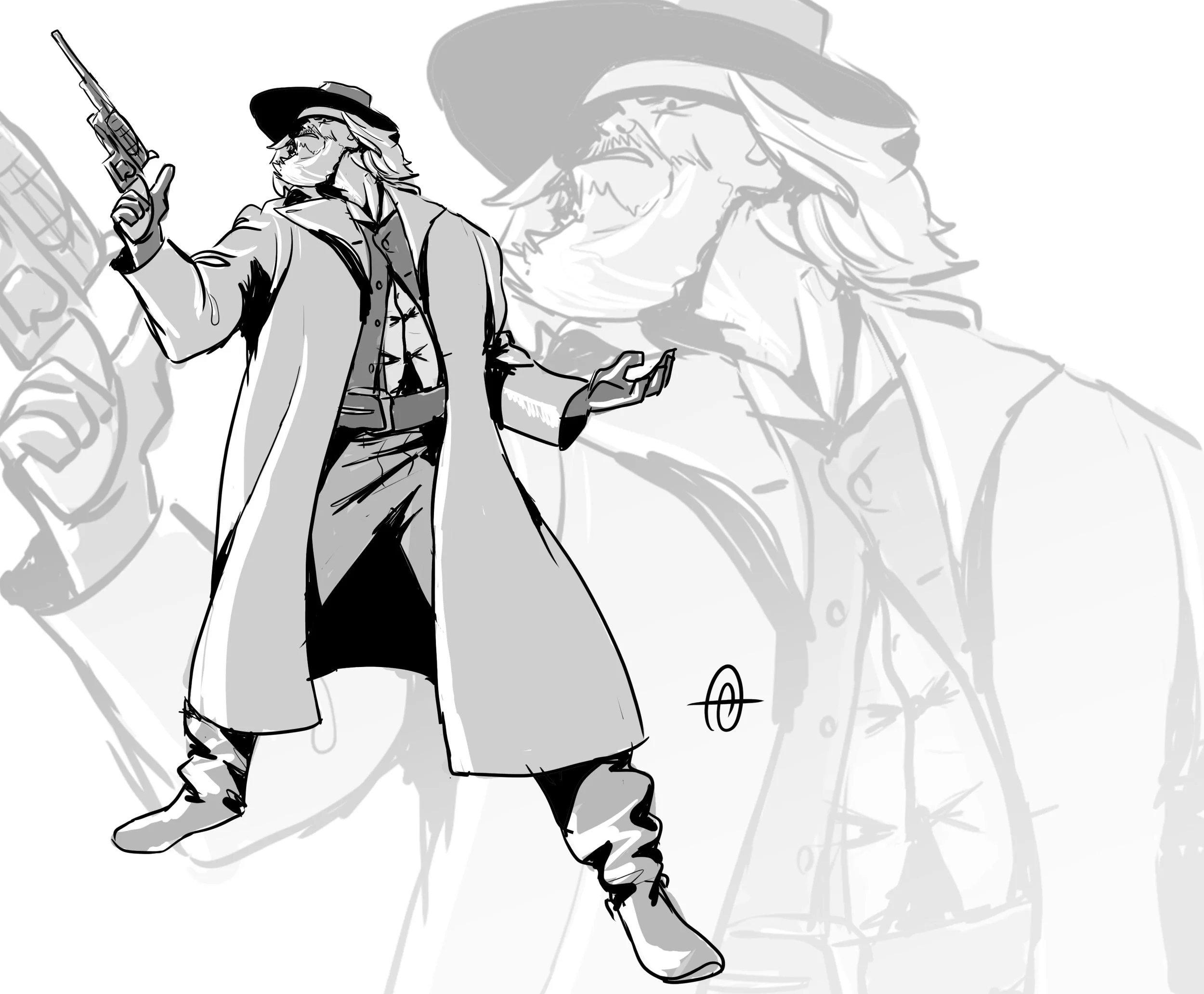 A black and white drawing of a man with a beard and long hair wearing a wide-brimmed hat, trench coat, and boots, holding a gun in one hand and a phone in the other, with a large, faint shadow of his face in the background.