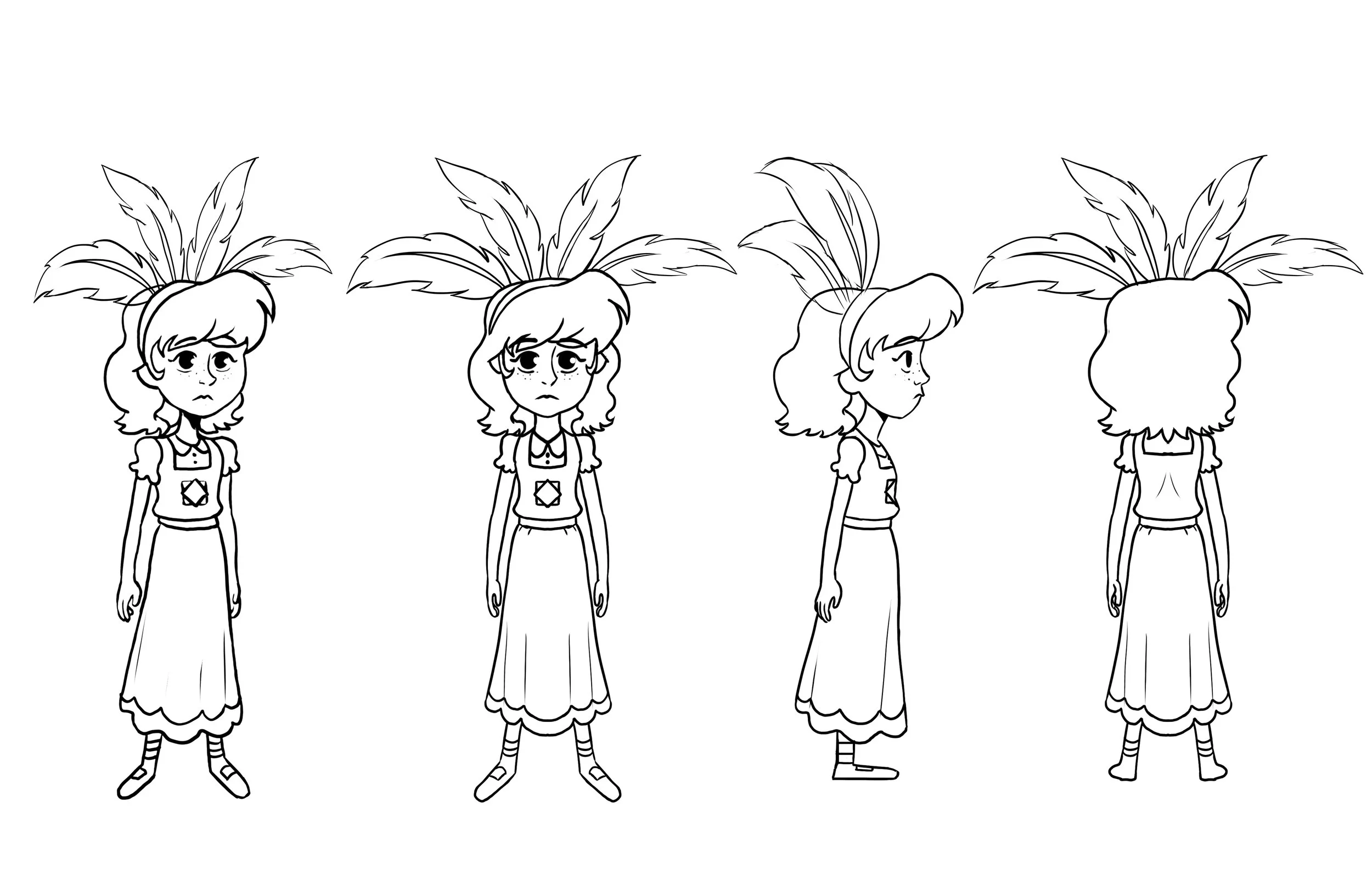 Black and white illustration of a young girl with shoulder-length hair seen from four angles: front, slight front, side, and back. She is wearing a dress with a collar, a patterned top underneath, and striped socks with shoes. Large feathery leaves e