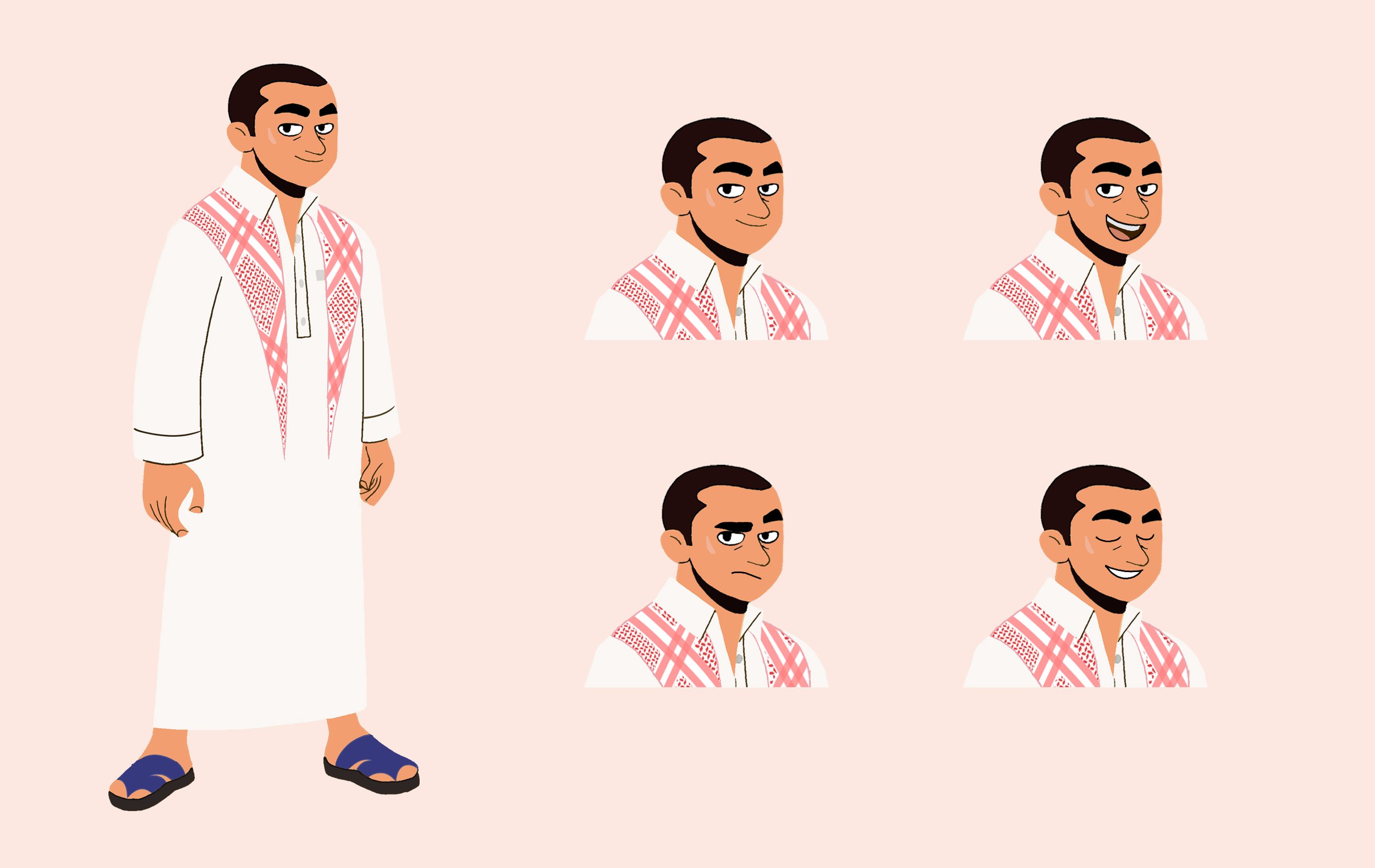 Illustration of a man in traditional Middle Eastern attire with a white thobe, patterned red and white keffiyeh on his shoulders, and blue sandals. Surrounding him are smaller images of the same man with varying facial expressions, including smiling,