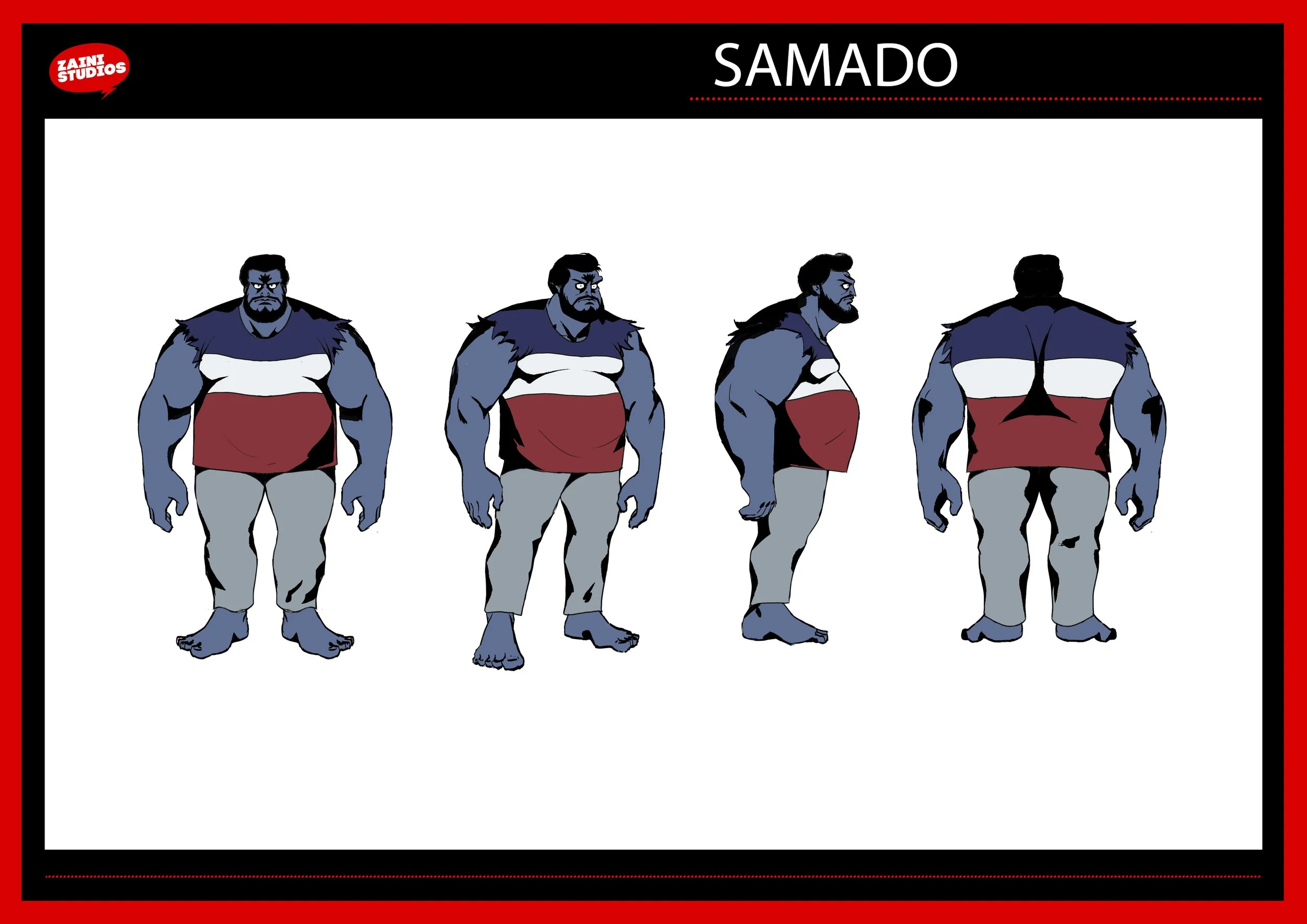 Character design sheet showing front, side, and back views of a large, blue-skinned humanoid with dark hair, a beard, and fur on the shoulders, wearing red shorts.