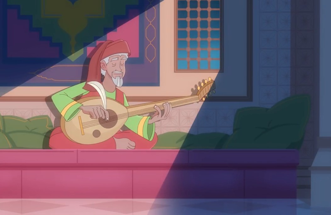 An animated scene of a man with a white beard and mustache wearing a red turban and traditional attire, playing a stringed musical instrument on a pink cushioned platform, illuminated by a spotlight in a richly decorated room.