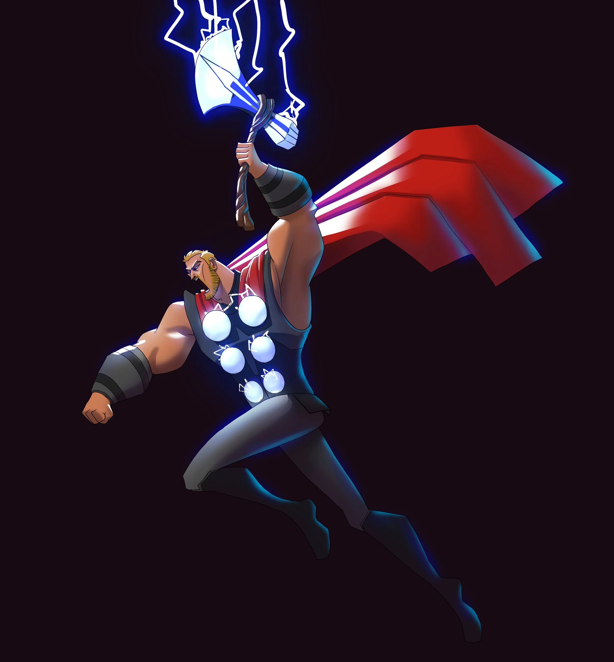 Digital illustration of a stylized Norse-inspired warrior holding a sword, with neon blue and red accents, against a dark background.