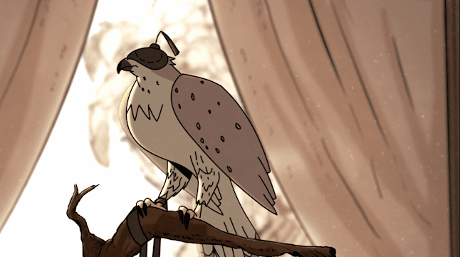 A cartoon hawk perched on a branch inside a wooden structure, wearing sunglasses.
