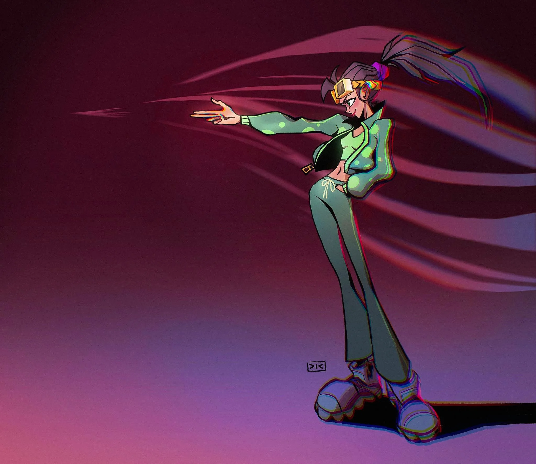A stylized digital artwork of a cartoon female character with long flowing hair, wearing goggles, a green polka-dot jacket, and loose pants, performing a dance solo in front of a dark, abstract background with pink and purple hues.
