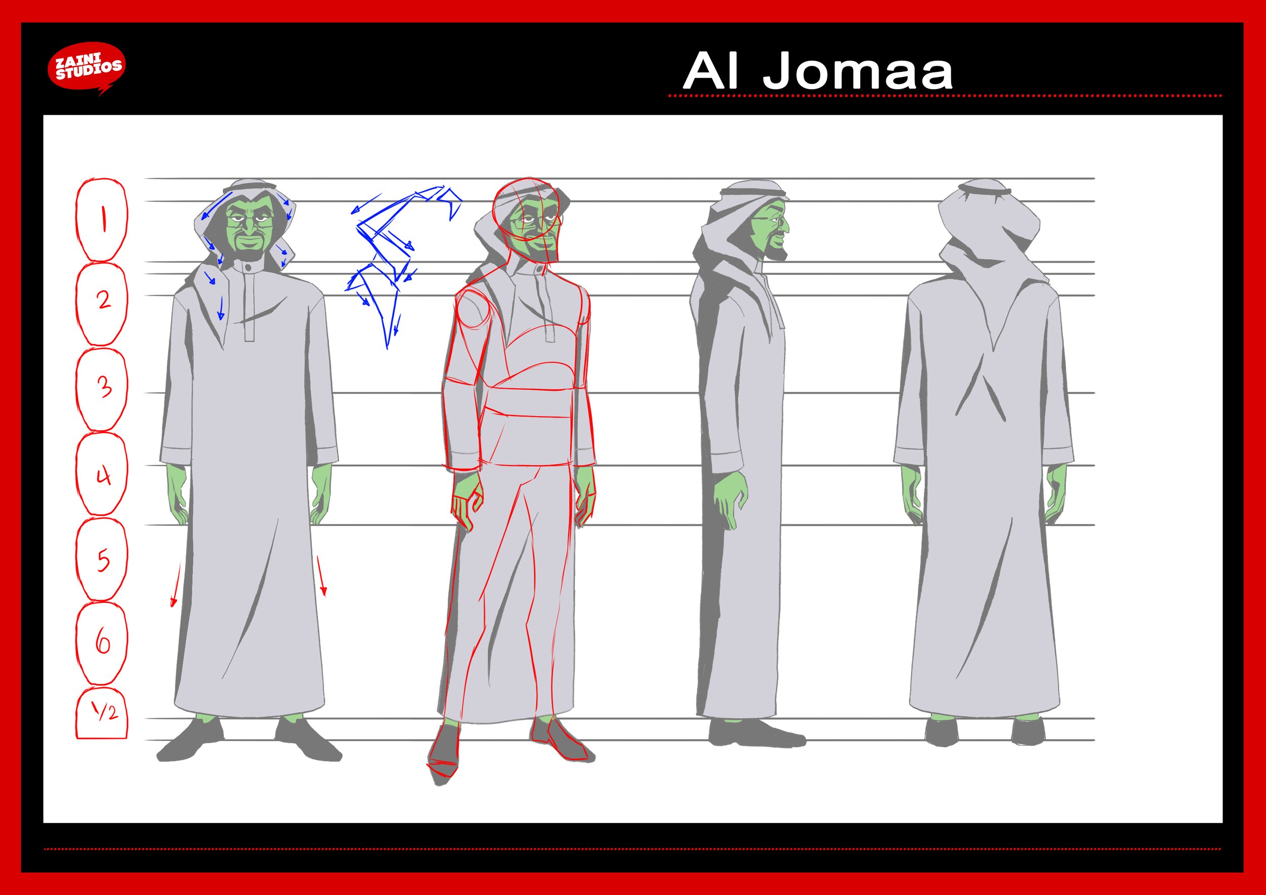 A diagram showing a lineup of five green-skinned characters dressed in traditional Middle Eastern attire. The image includes sketch lines and labels for different body parts and poses, suggesting it is an animation or character design reference. The 