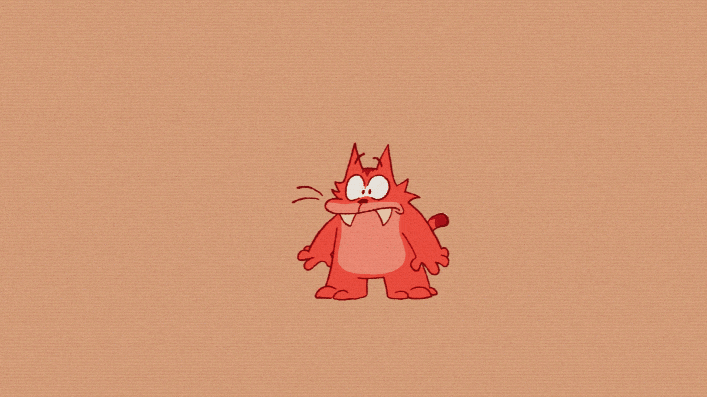 A cartoon red cat standing on a plain beige background.