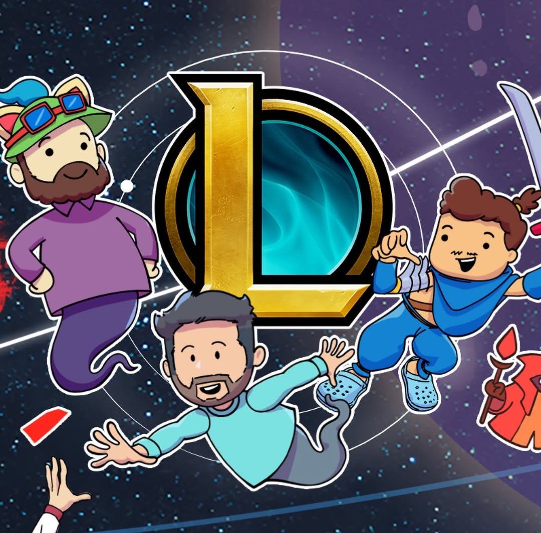 Cartoon illustration of three characters floating in space with the League of Legends logo in the background, depicting a colorful sci-fi scene.