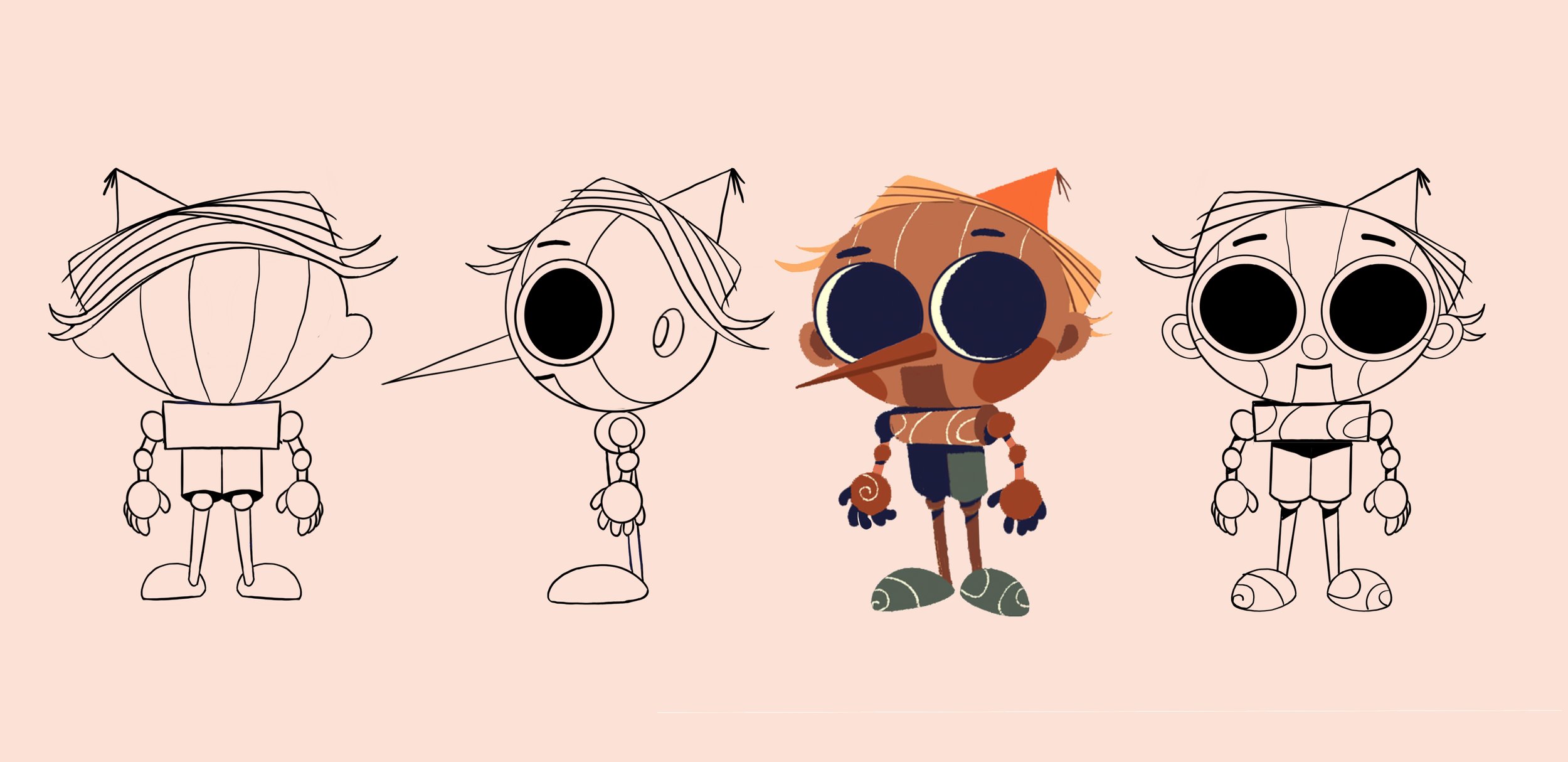 A digital illustration of four cartoon character sketches, with the second from the right colored in orange and brown, featuring large black eyes, orange cat-like ears, and wearing casual clothing. The other three sketches are in black and white, sho