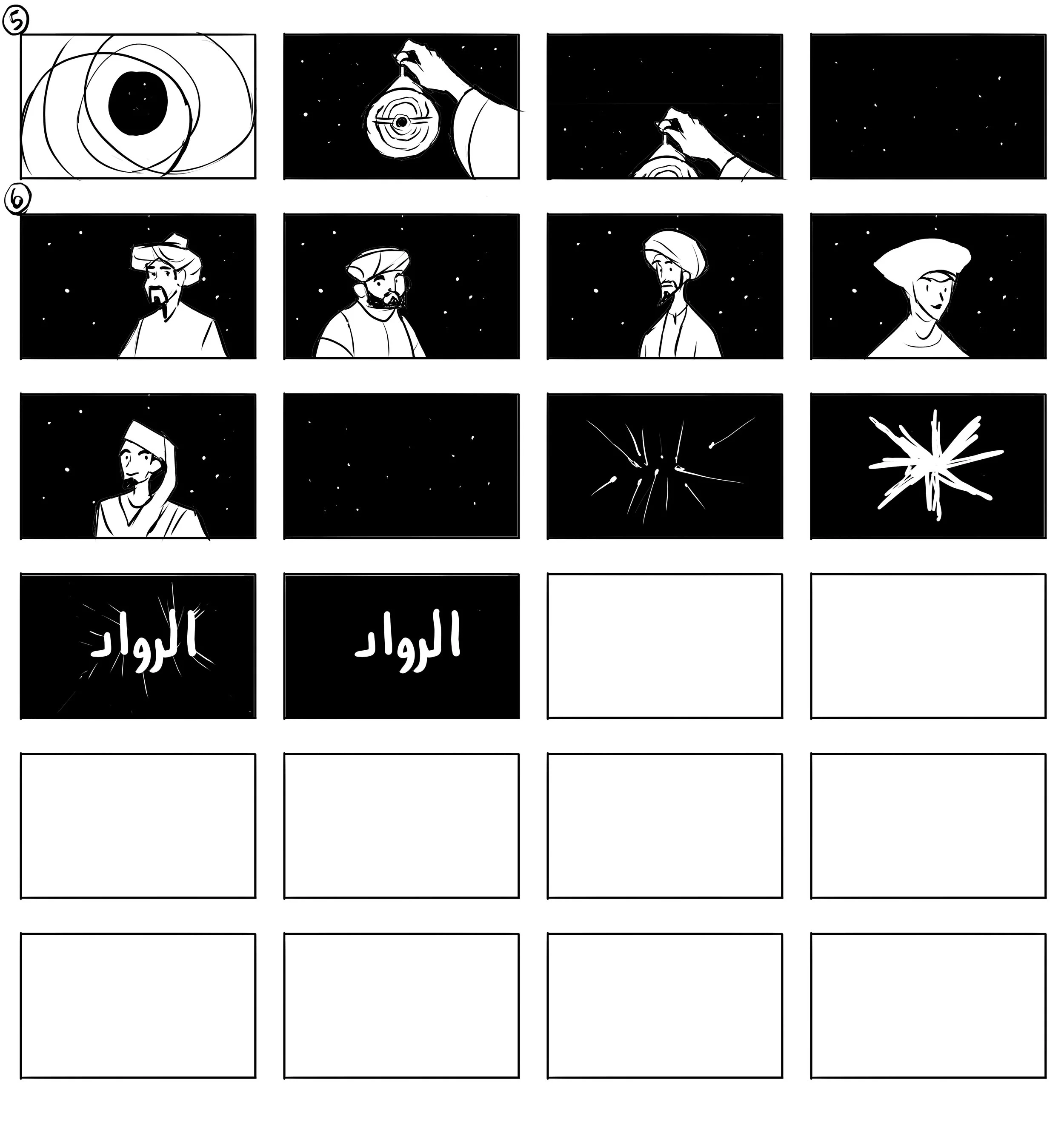 A black and white comic strip illustrating a story about a star and a character in traditional Middle Eastern attire. The sequence depicts the star shining, a hand holding a celestial object, and fireworks displaying the word 'Allah' in Arabic script.
