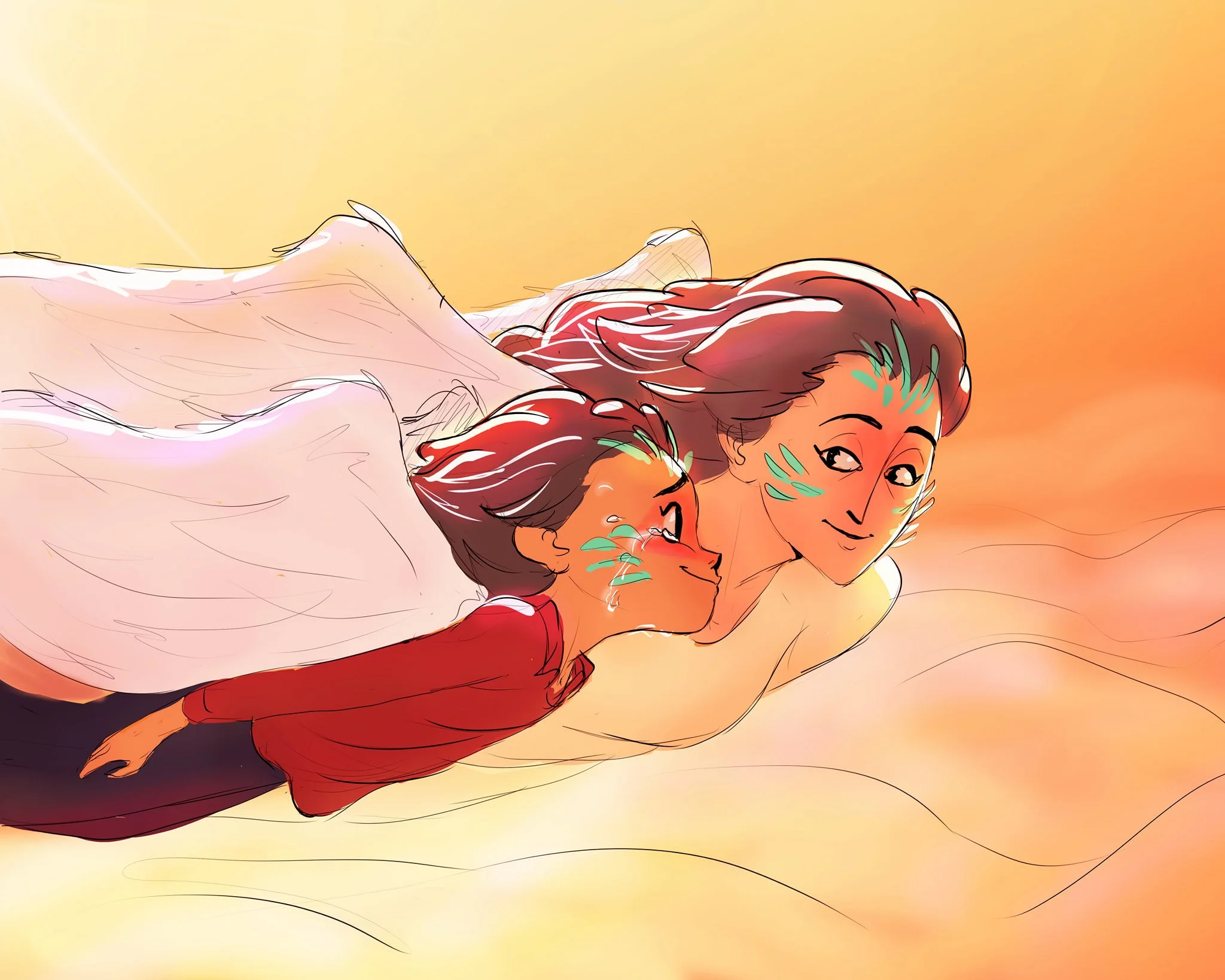 Digital illustration of two women with reddish-brown hair, lying on a bed or soft surface, smiling and facing each other. The background is a warm, gradient orange, suggesting sunset or sunrise.