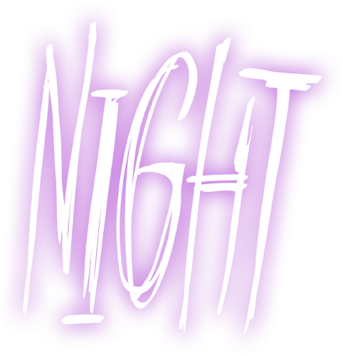 The word "NIGHT" written in tall, white, stylized letters on a purple background.