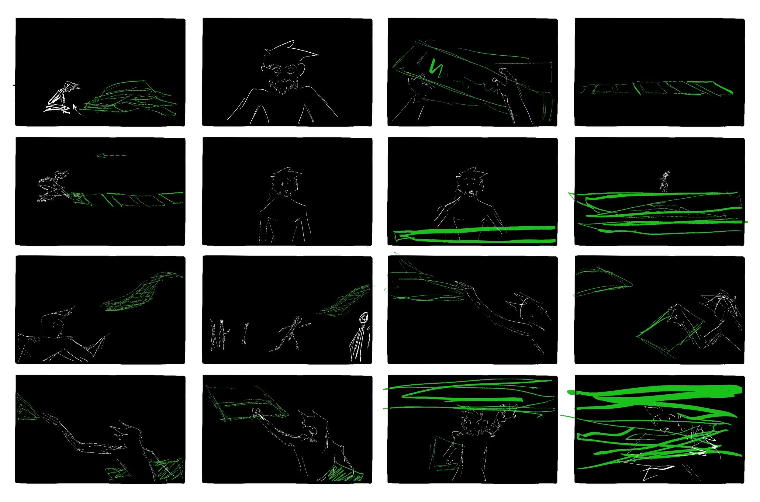 A sequence of layered digital sketches depicting a person with spiky hair and a beard, in various poses and movements, with green and white outlines on a black background.