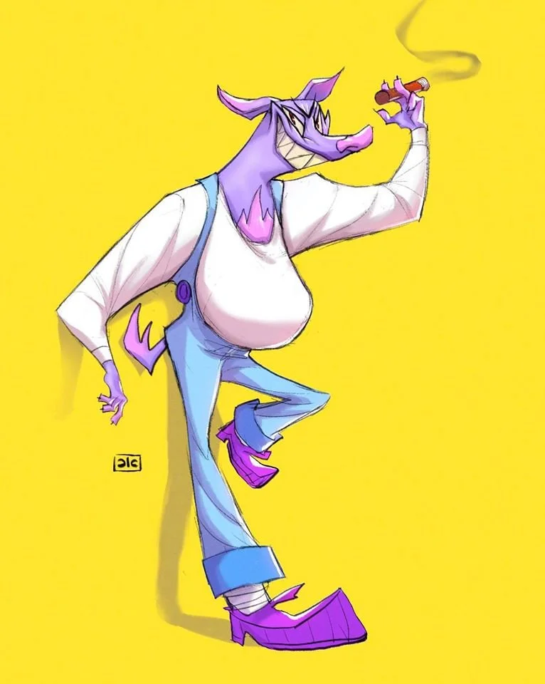 Cartoon wolf with purple fur and a mischievous grin, dressed in a white shirt, suspenders, and blue jeans, smoking a cigar against a yellow background.