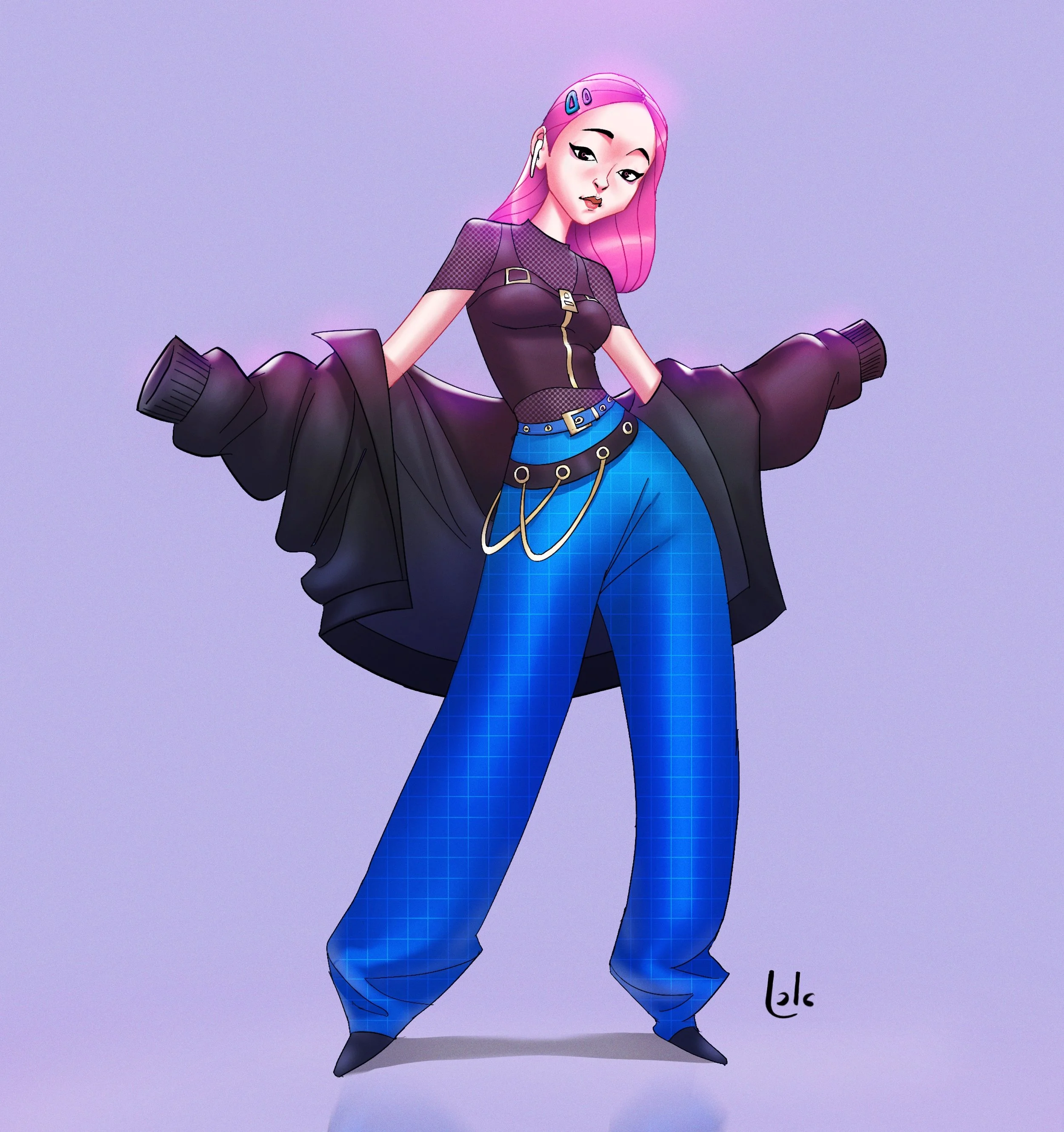 A digital drawing of a stylized woman with pink hair, wearing a black jacket, a purple top, and blue plaid pants, balancing on one foot with one leg lifted, against a purple background.