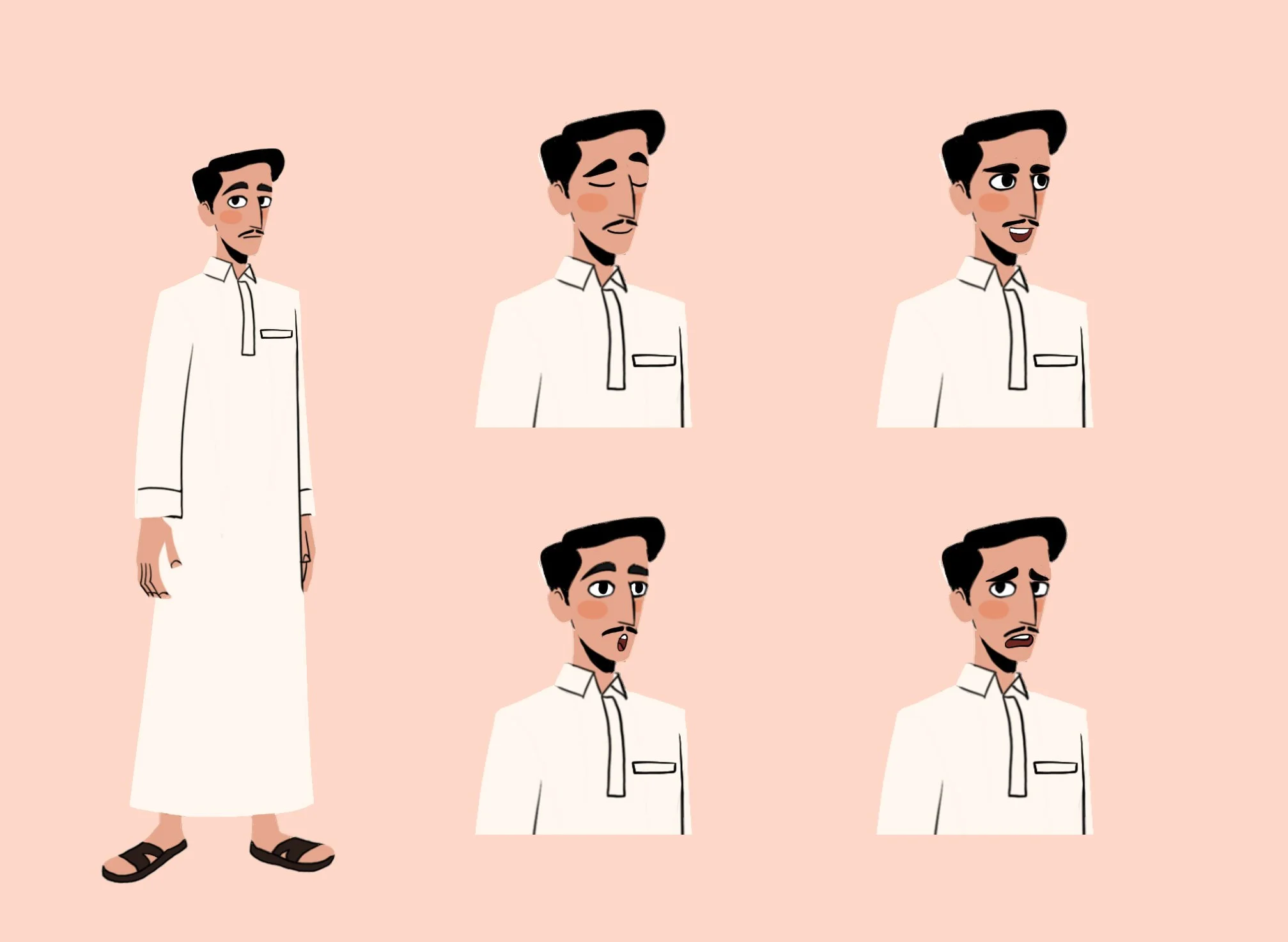 A cartoon illustration of a man showing different facial expressions, with variations of happy, sad, neutral, and surprised, all dressed in a white shirt and pants, against a pale pink background.