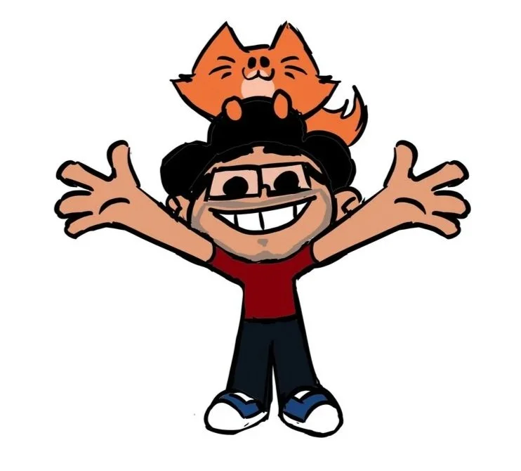 Cartoon boy with glasses, wearing a red shirt and dark pants, smiling with arms outstretched, with a happy orange cat on his head.