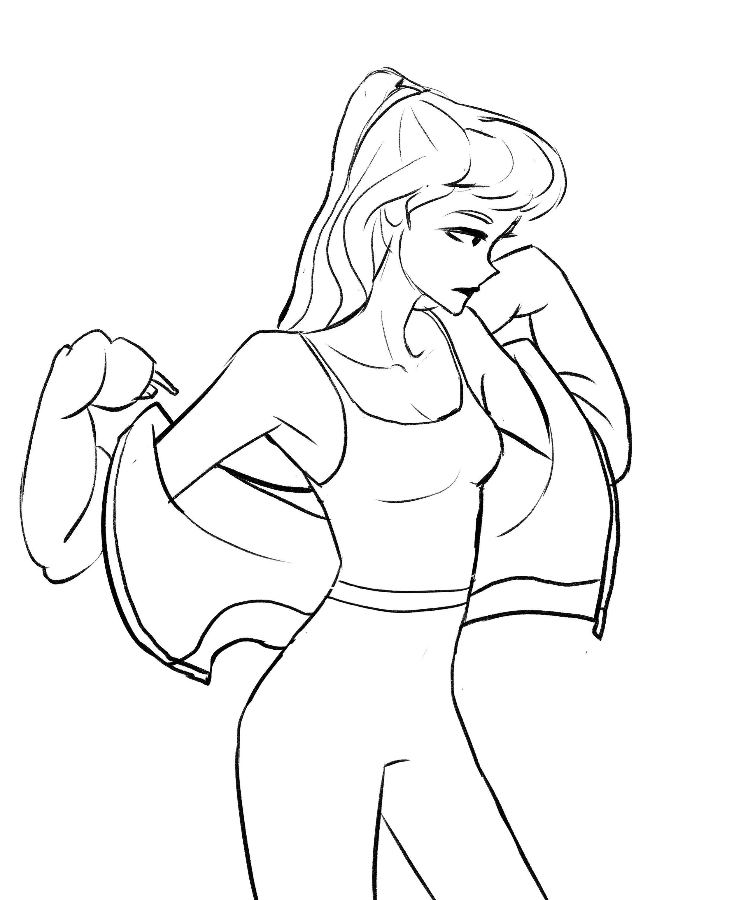 Line drawing of a woman with long hair in a ponytail, wearing a sleeveless top, flexing her right arm to show her bicep and holding her left arm near her head, with her face slightly turned to the right.
