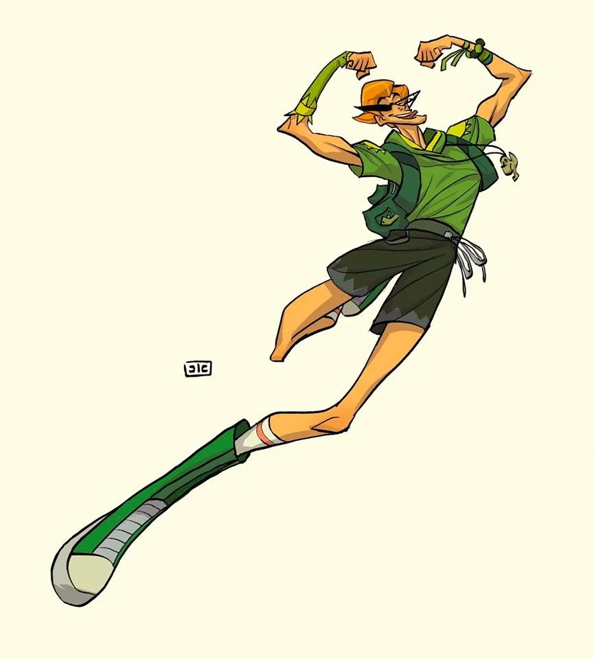 A cartoon character with elf-like features, orange hair, glasses, and a grin, wearing a green outfit with shorts, standing on a surfboard, flexing arms in a pose of strength.