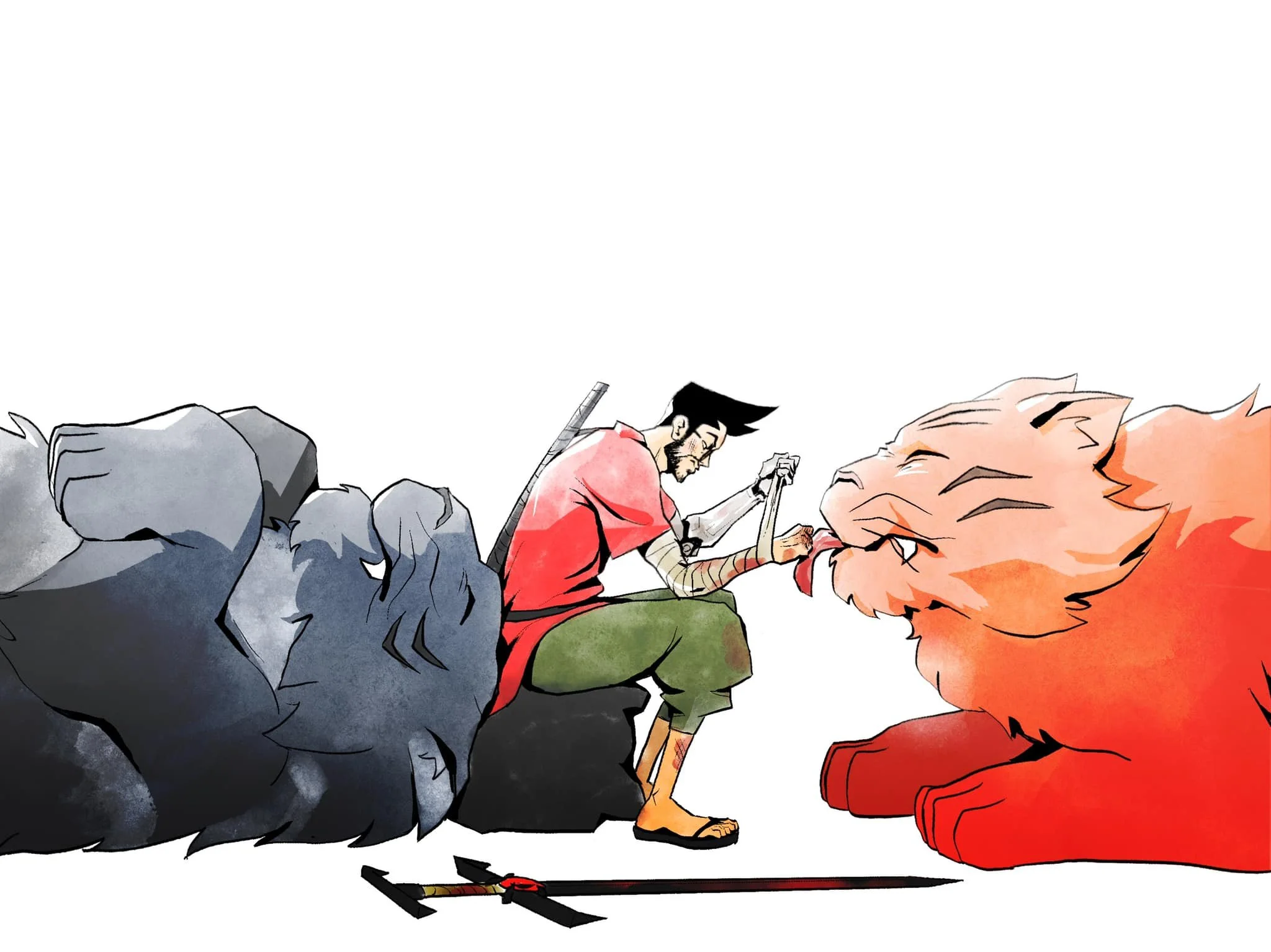 Animated scene of two characters preparing to battle with a fiery blast on the right and dark smoke on the left.