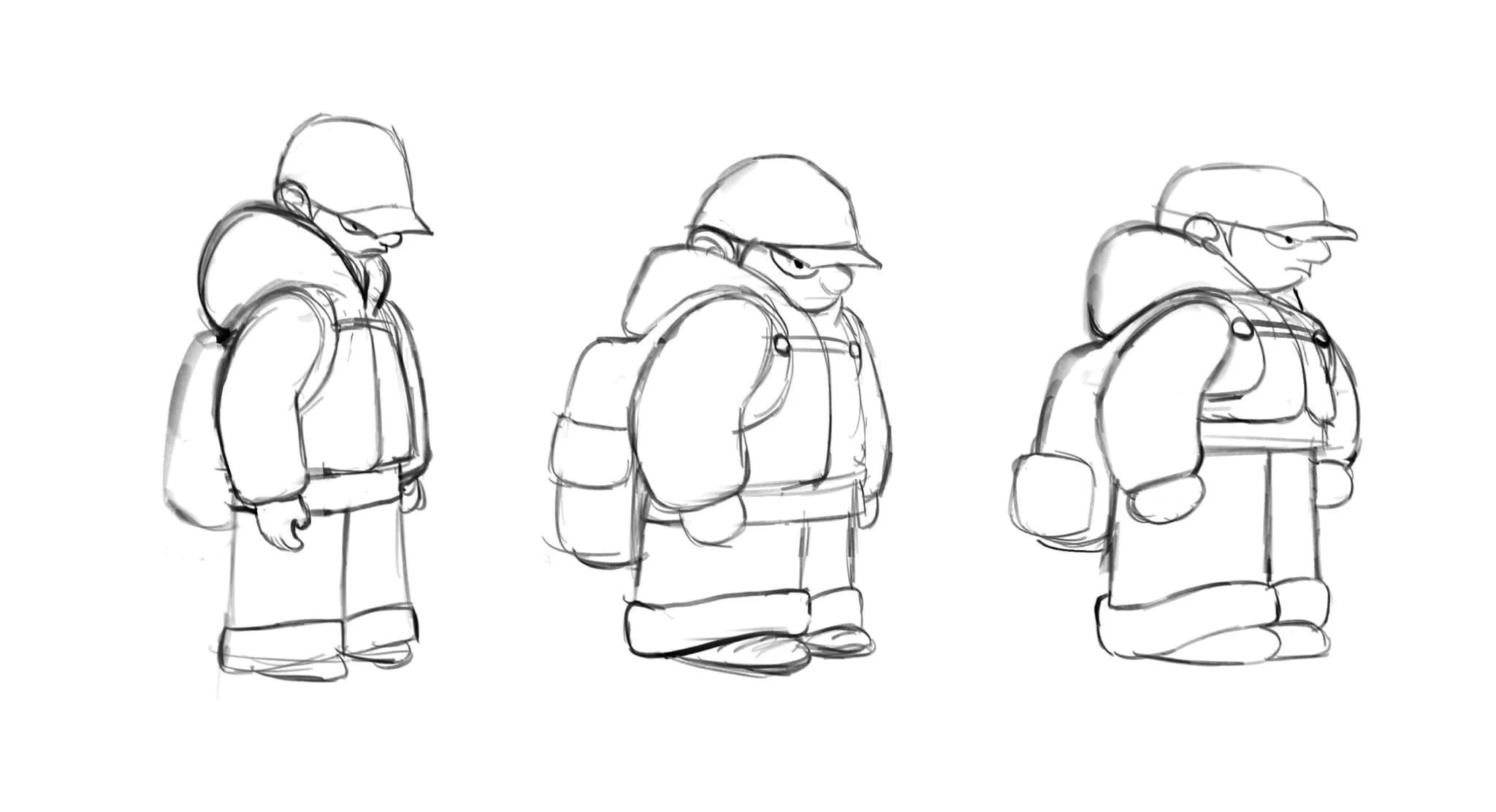 Sketch of three people wearing jackets, hats, and backpacks, standing in a row, facing downward.