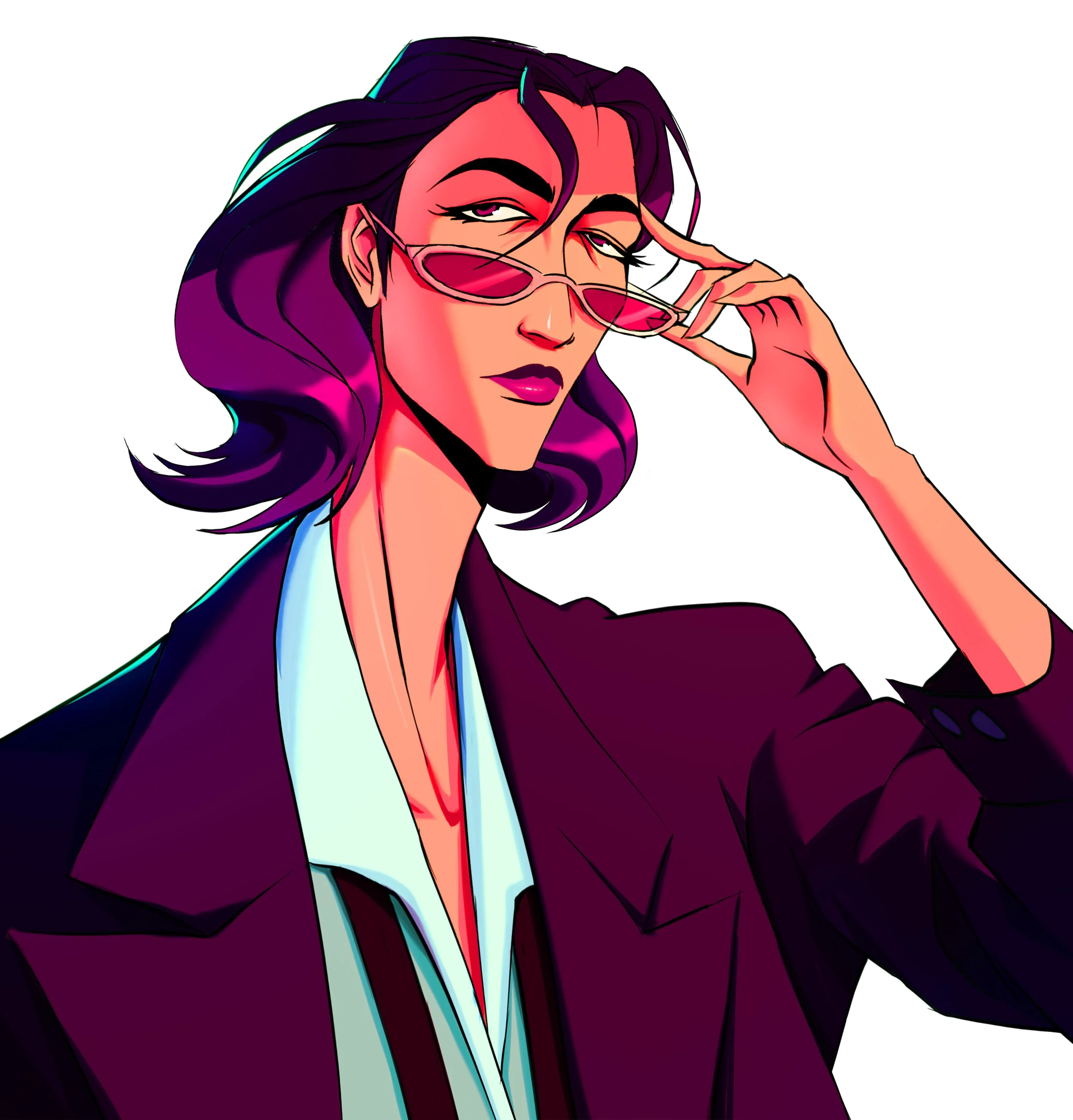 Digital illustration of a woman with dark purple hair, wearing pink sunglasses, a white shirt, and a dark blazer, looking confident.