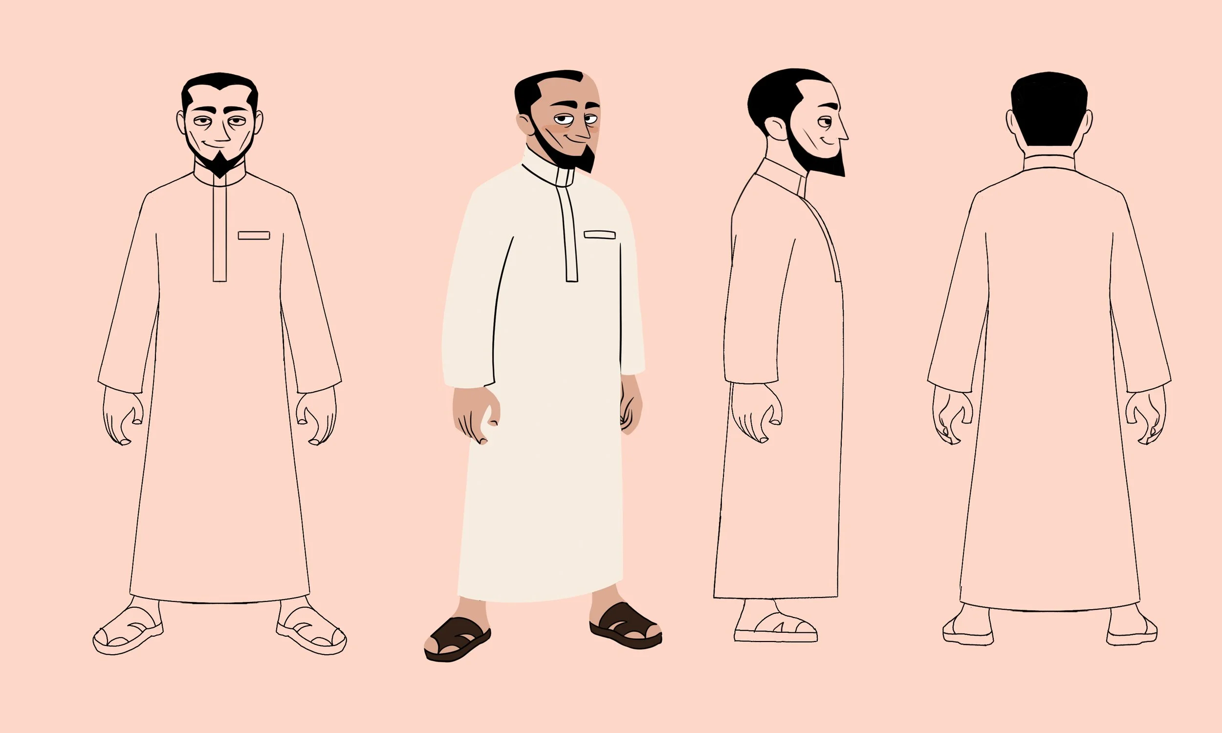Illustration of four men in traditional Middle Eastern clothing, shown from the front, side, and back, with each outfit varying slightly.