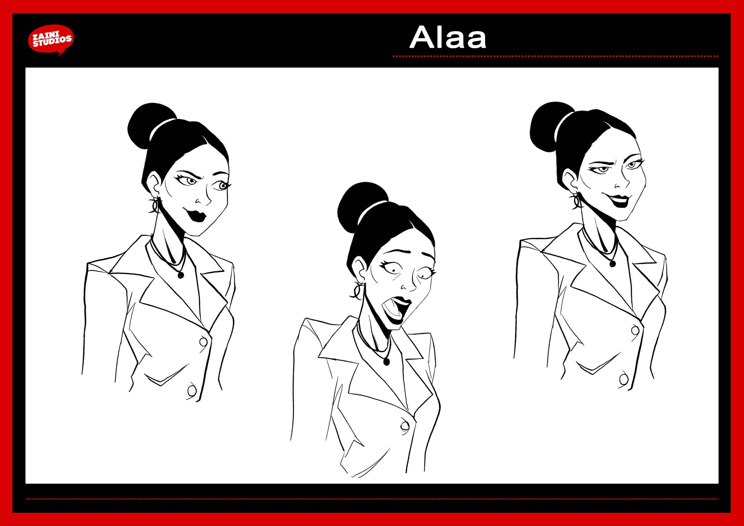 A black and white illustration of a woman with her hair in a bun, wearing a blazer, with different facial expressions in each of the three panels.