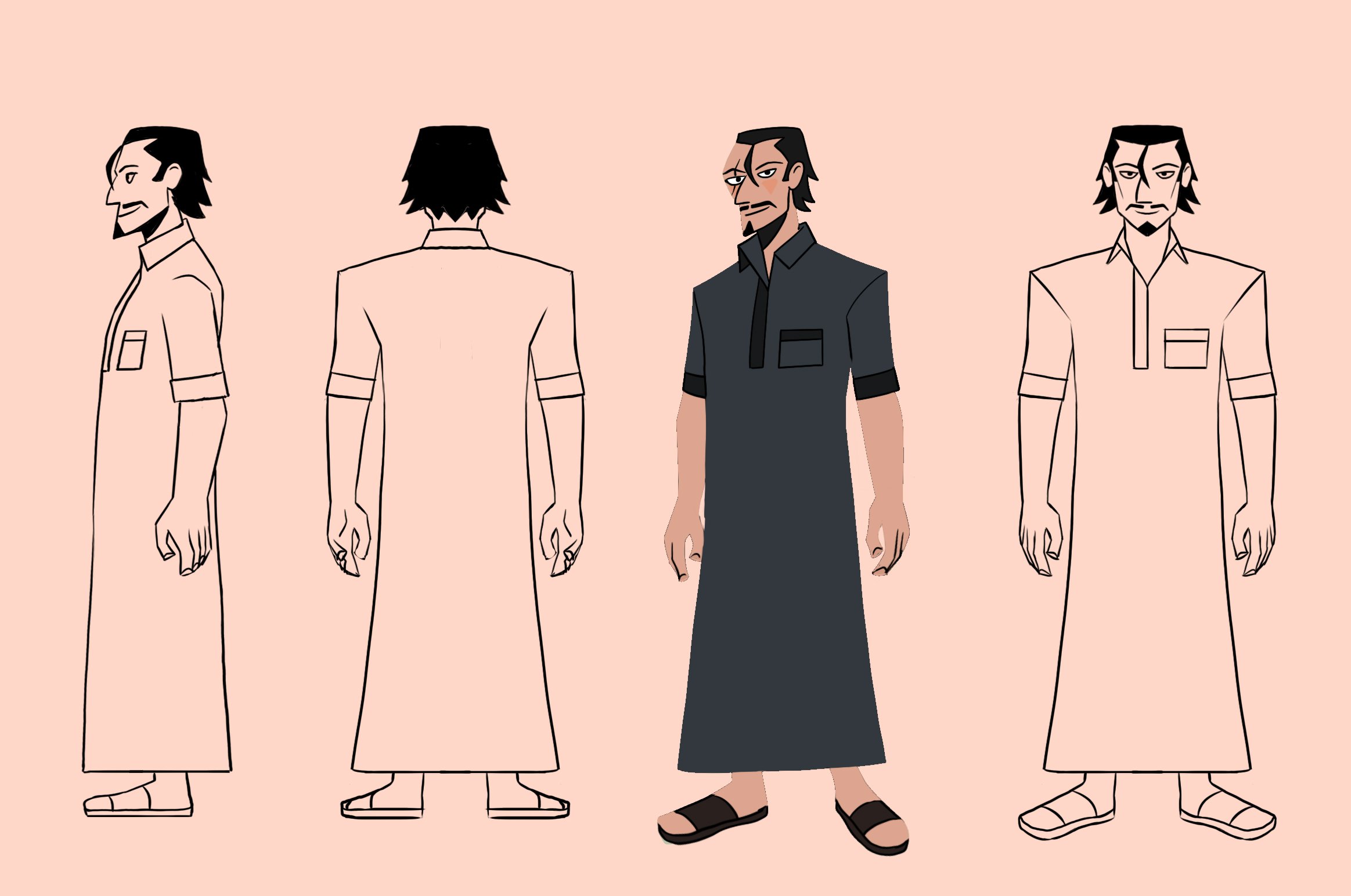 Drawing of a person with long hair and a beard, wearing a dark shirt and long skirt, shown from different angles, with some sketches in outline and one colored.