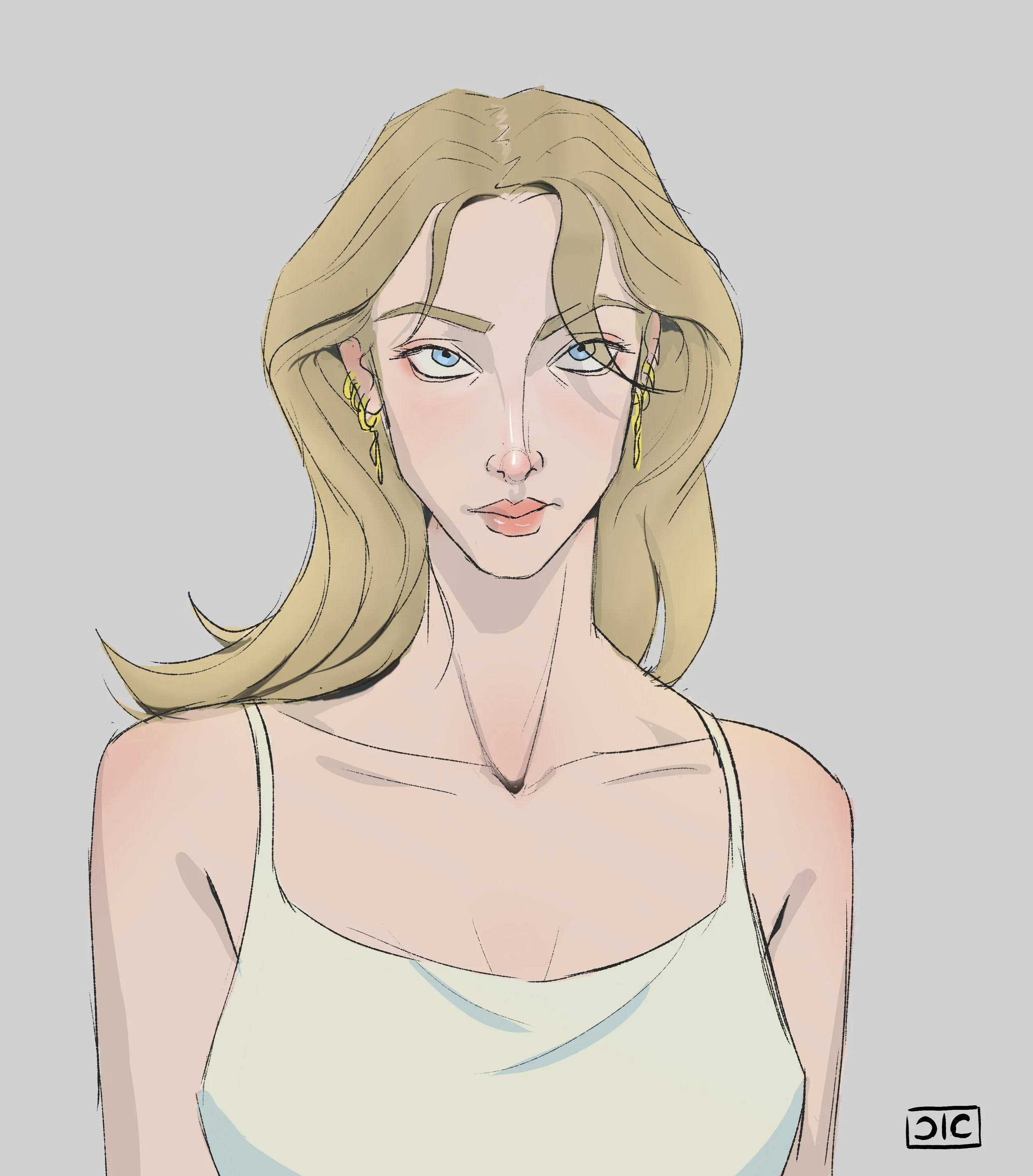 Illustration of a woman with long blonde hair, blue eyes, wearing a white camisole top, gold earrings, softly smiling, against a plain gray background.