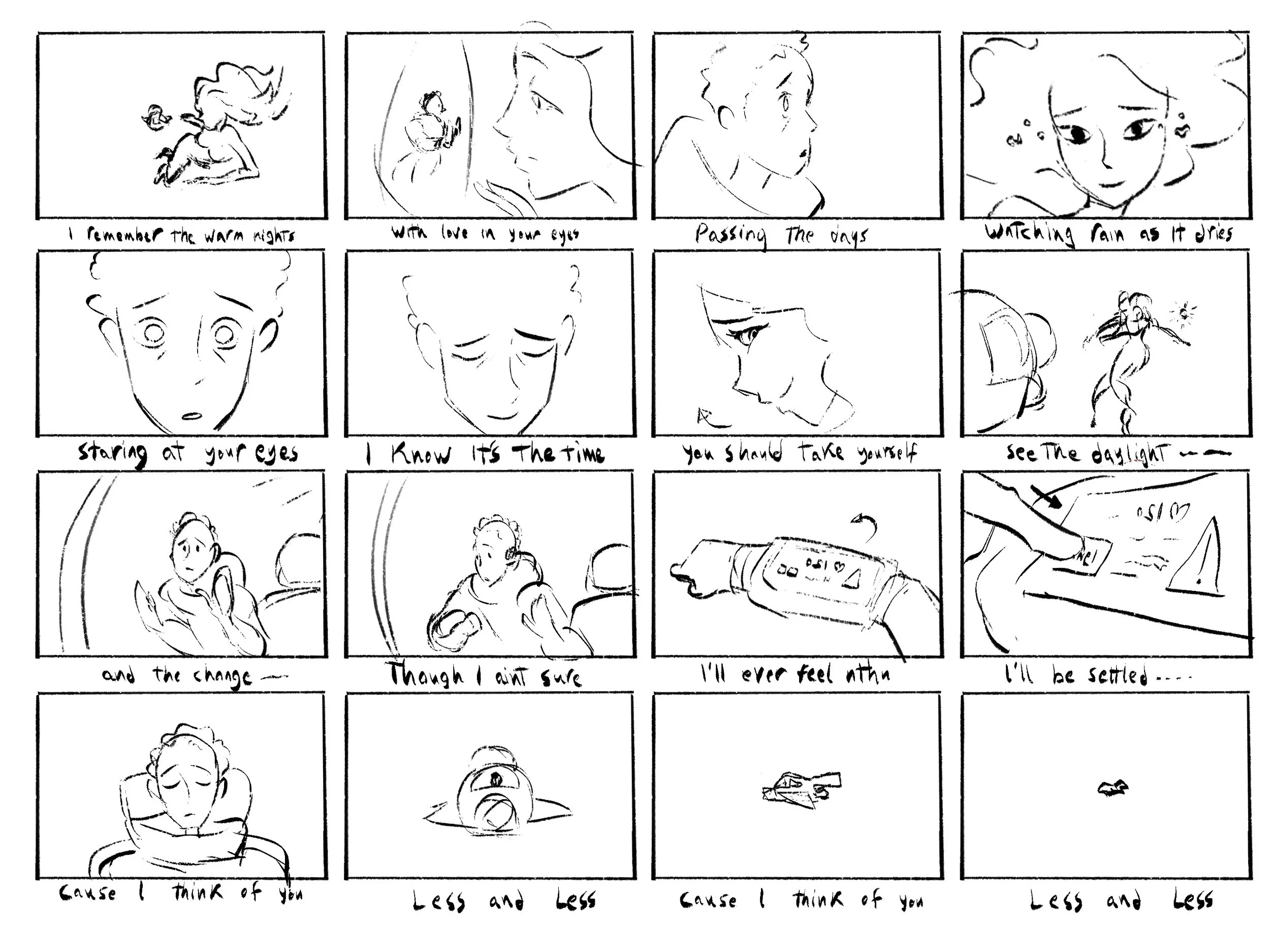 A comic strip with eight panels illustrating a woman's emotional journey. The woman is shown in various emotional states, from remembering a moment, feeling love, passing time, reflecting on her feelings, and eventually feeling settled. The panels include handwritten captions such as "I remember the warm nights," "with love in your eyes," "Passing the days," "watching rain as it dries," "staring at your eyes," "I know it's the time," "I think of you," and "Less and less." The style is simple and expressive, with minimal line work.