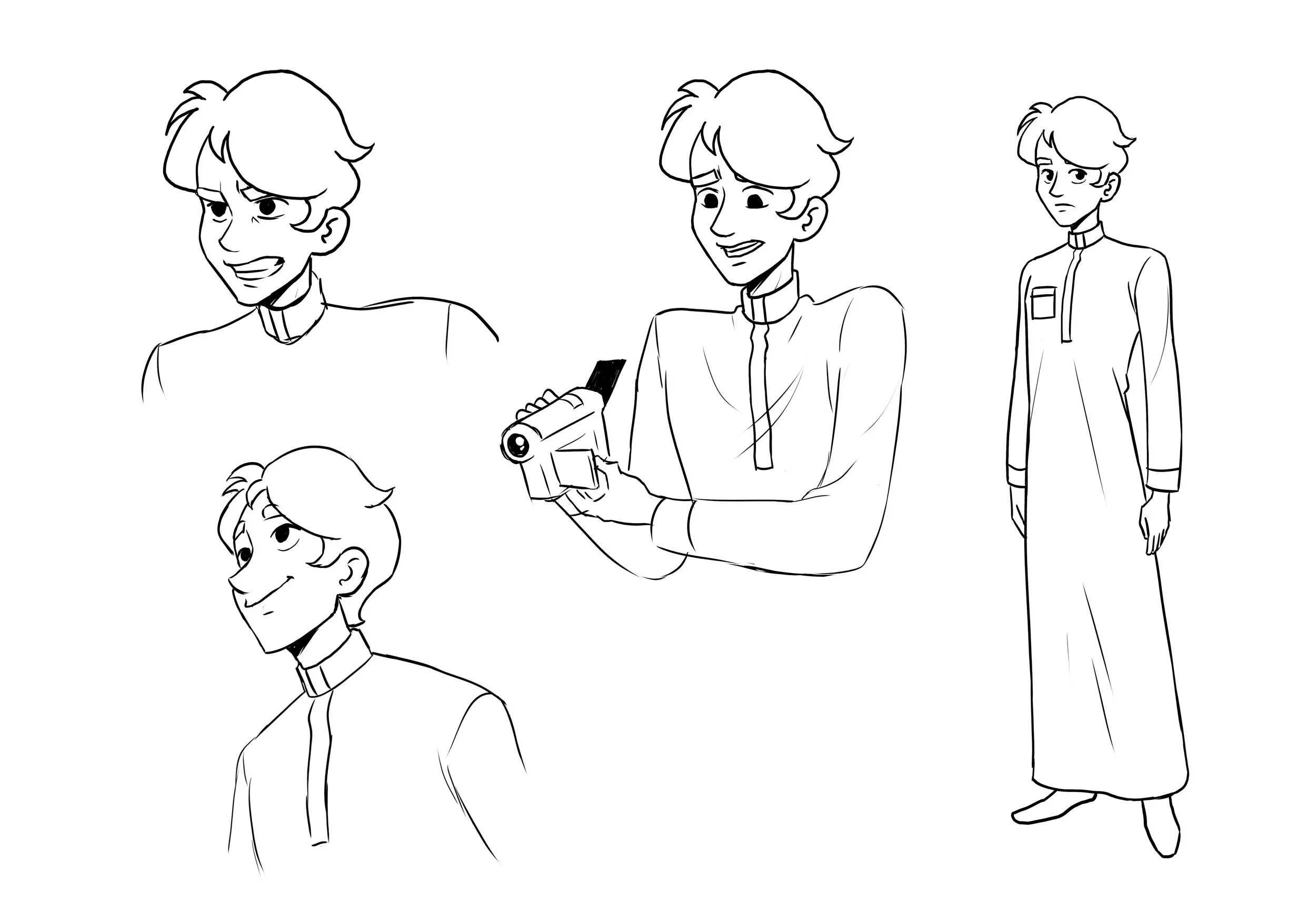Black and white line drawing of five different expressions and poses of a young man with wavy hair, wearing a high-collared shirt. One is smiling happily, another looks surprised while holding a device, one has a serious expression, and another has a
