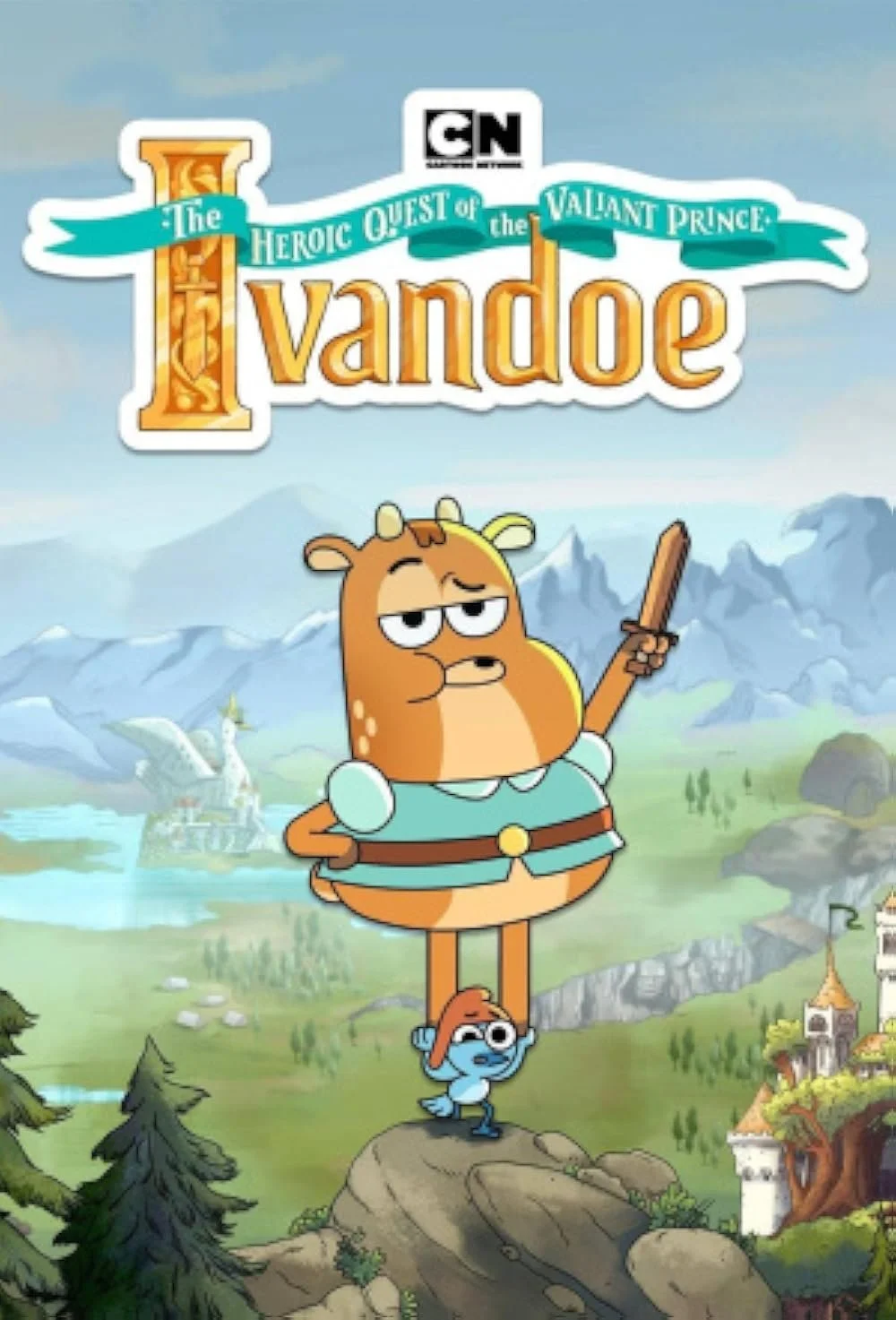 Animated cover art of a cartoon mouse and a small blue creature, standing on a rock with a scenic medieval landscape background, featuring mountains, a lake, and a castle. The mouse holds a sword and wears a cape, with the smaller creature standing beside it.