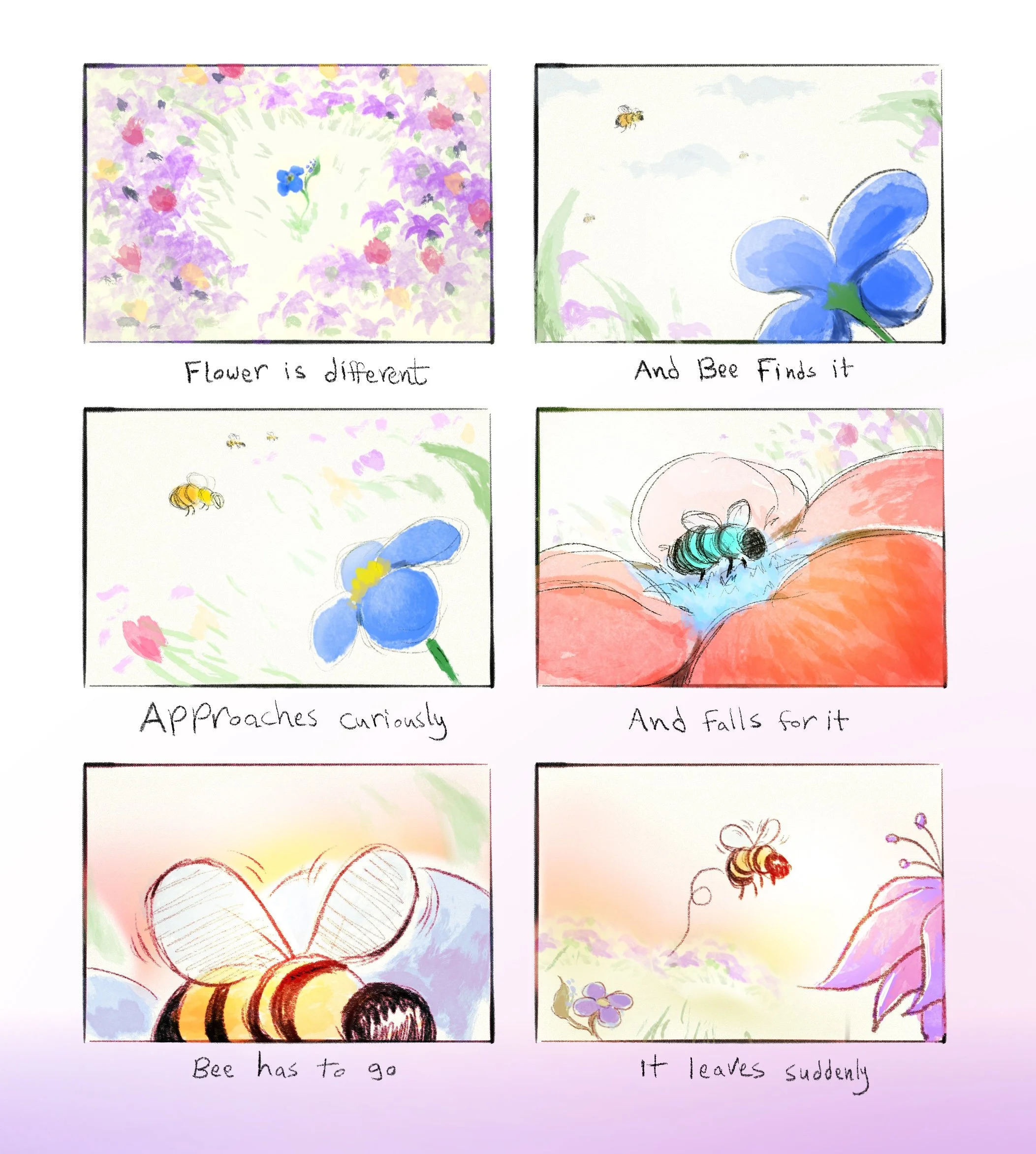 Four panels with colorful illustrations and handwritten captions about flowers and bees. The top left panel shows a flower surrounded by other flowers and insects, with the caption "Flower is different." The top right panel depicts a bee near a large blue flower, with the caption "And Bee Finds it." The bottom left panel features a bee approaching a flower, captioned "Bee has to go." The bottom right panel shows a flower with leaves falling off, captioned "It leaves suddenly."