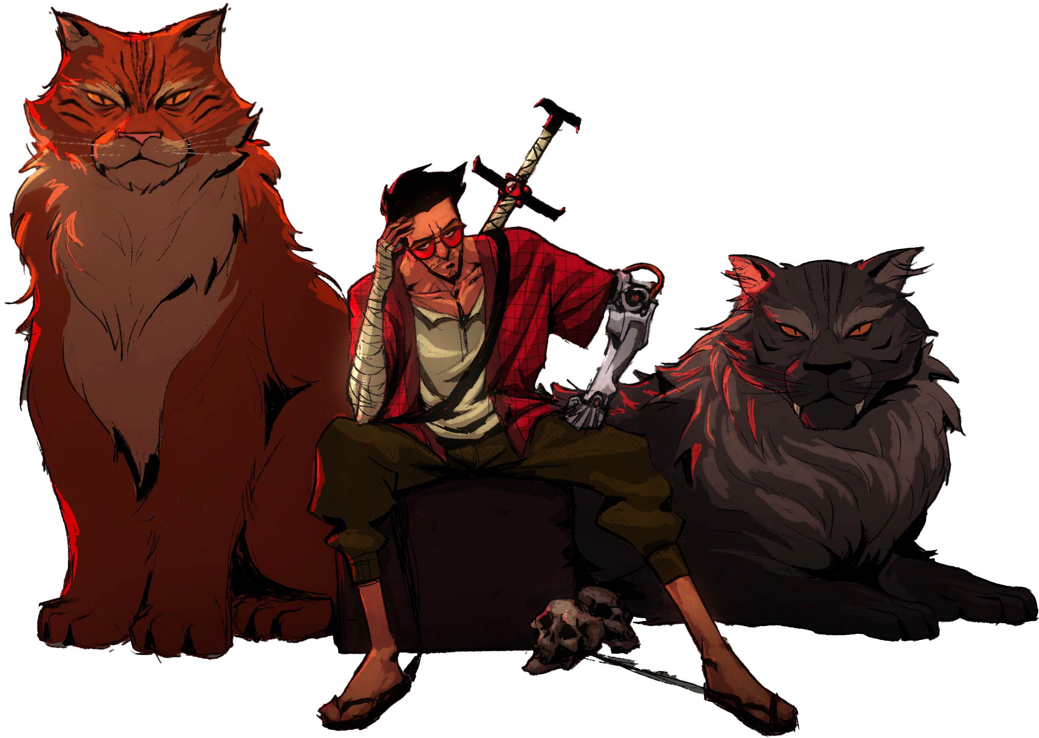 A digital illustration of a man with black hair, glasses, a red plaid shirt, and khaki pants, sitting on a rock with one hand on his head, flanked by two large, detailed wolves—one brown and one black—standing on either side of him.