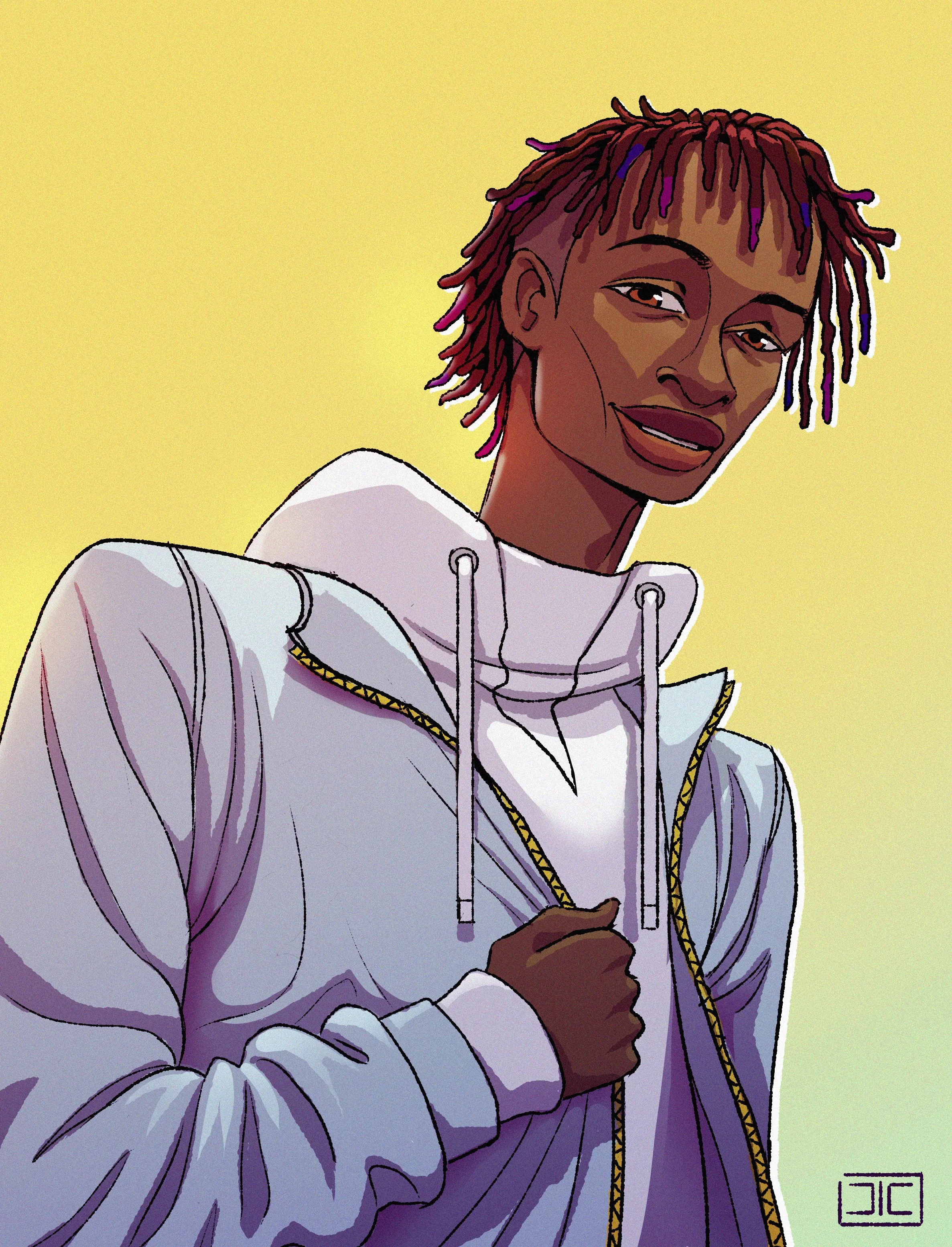 Digital illustration of a person with dark skin and short dreadlocks, wearing a light-colored hoodie with a yellow chain detail, holding a microphone, against a pastel yellow to green gradient background.